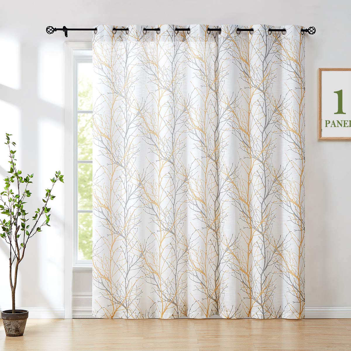 FMFUNCTEX Yellow-Grey Tree Curtain for Patio Door 100 Extra Wide 96 Sliding Door Panel Branch Print Linen Textured Privacy Semi 