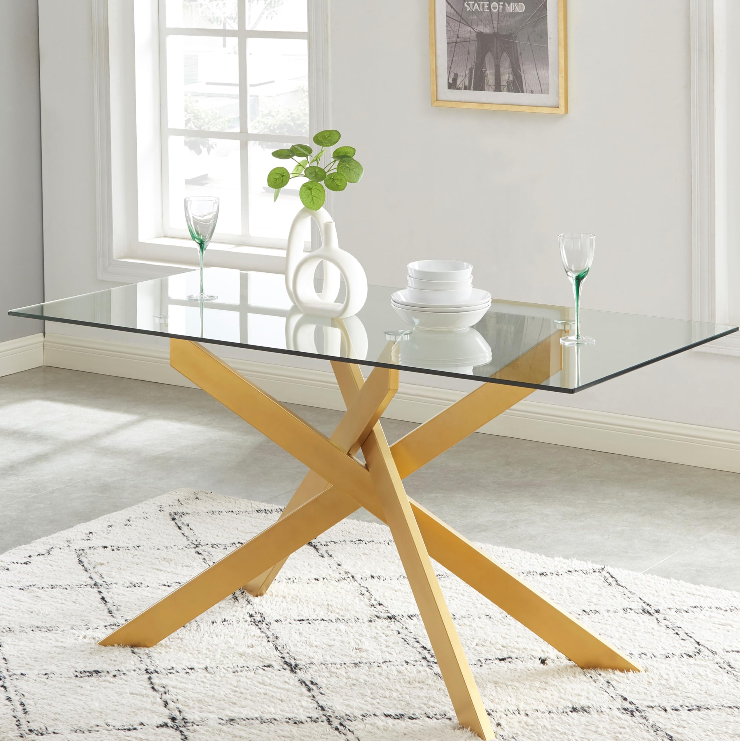 Edwins Choice 58.5    Rectangle Glass Dining Table, Tempered Glass Table Top and Metal Tubular Legs, Modern Style Table for Hom