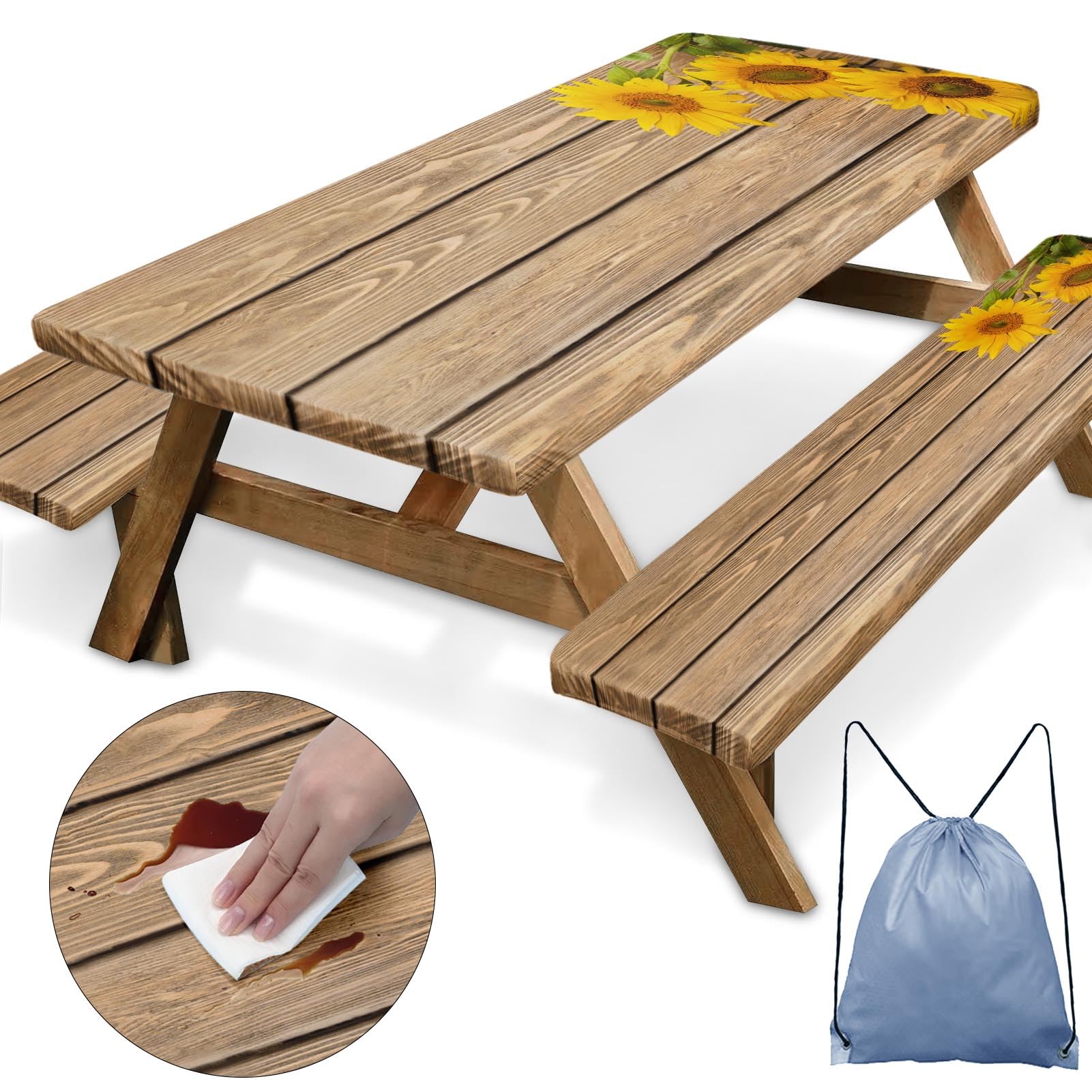 Nesphy Sunflower Wooden Picnic Table Cover with Bench Covers, Rustic Summer Floral Farmhouse Outdoor Camping Essentials 6FT 3PCS