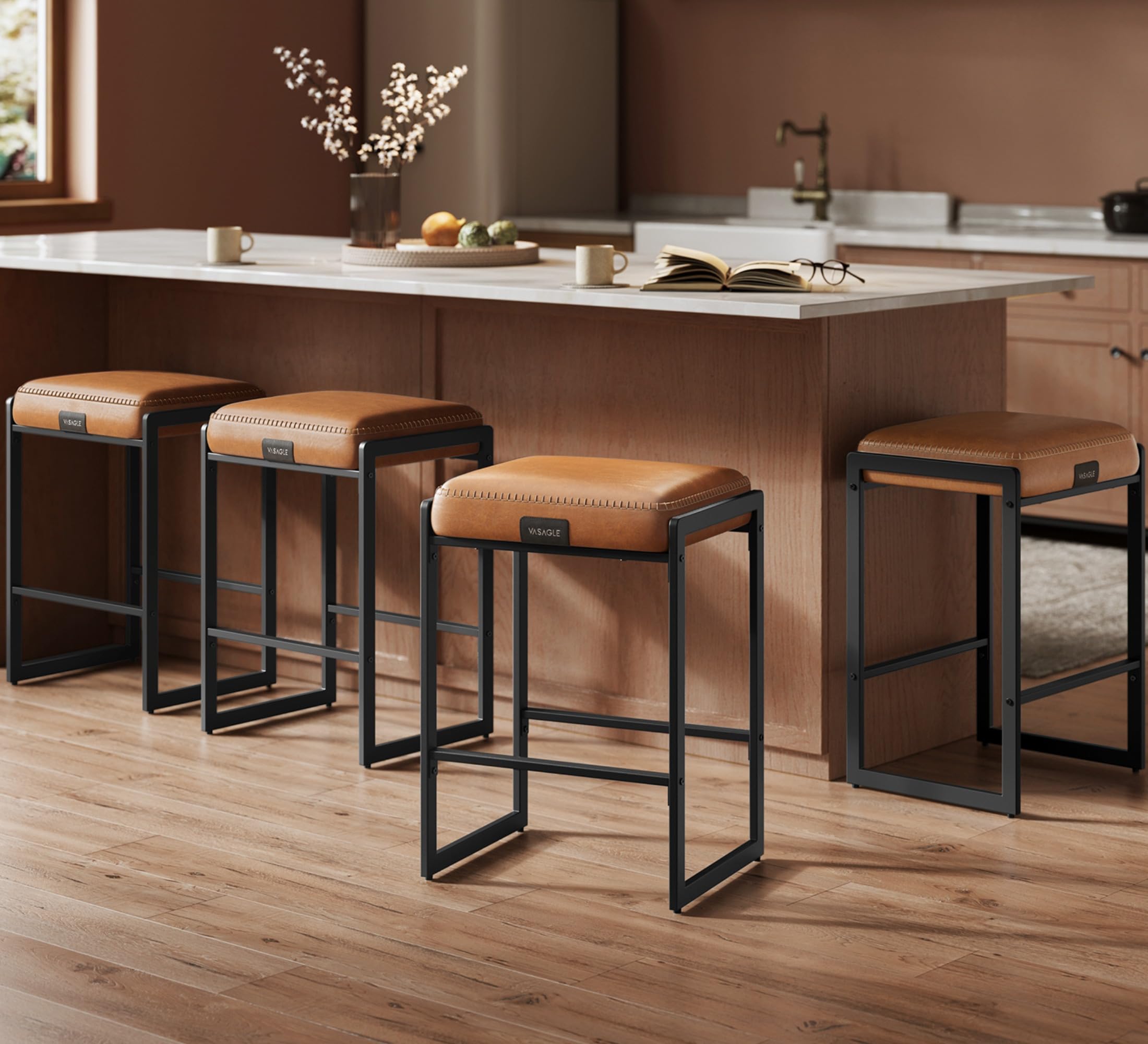 VASAGLE EKHO Collection - Bar Stools Set of 4, Counter Height Bar Stools, Synthetic Leather with Stitching, Mid-Century Modern C
