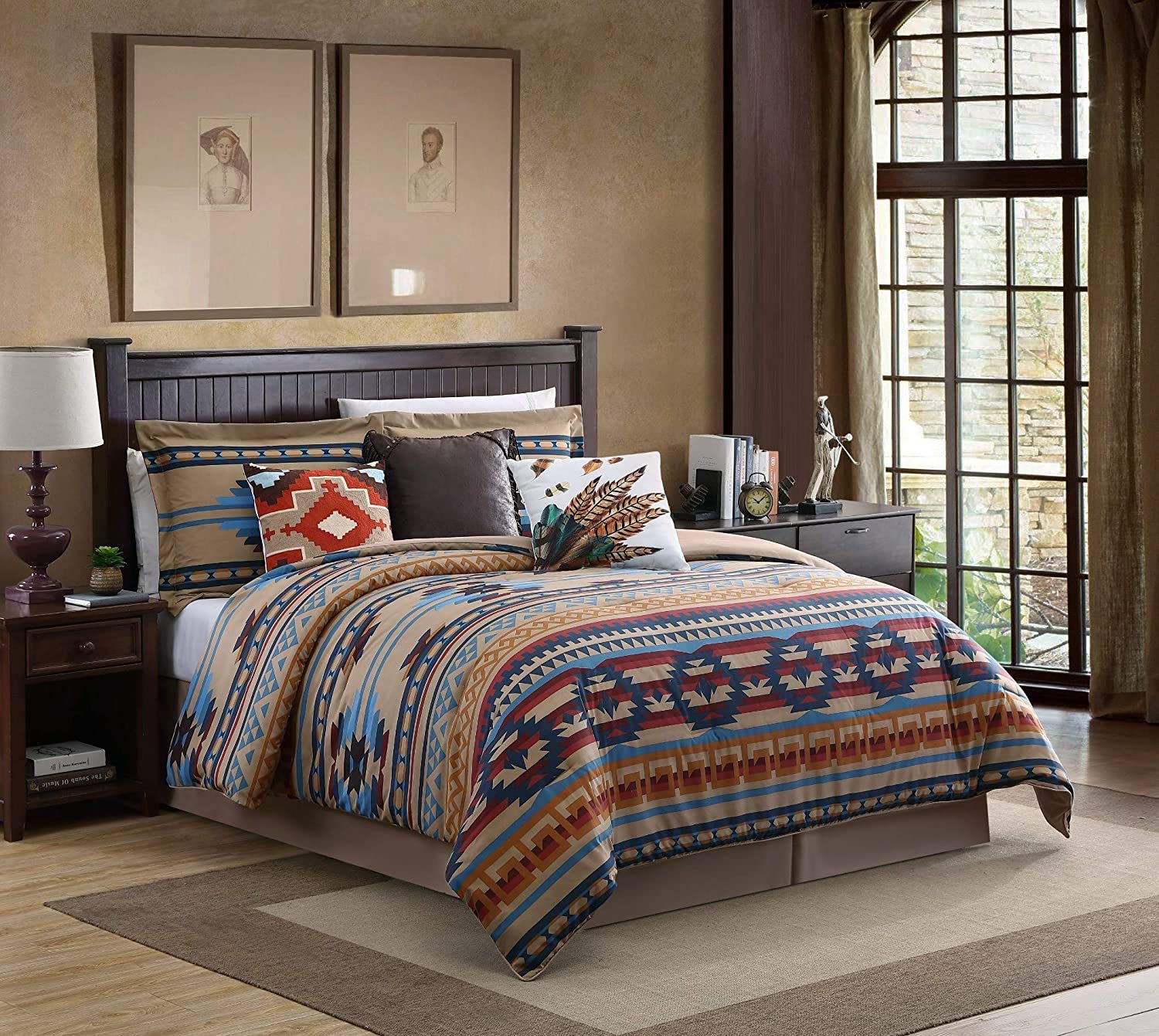 Chezmoi Collection Wyoming 7-Piece Southwestern Geometric Tribal Comforter Set - Printed Multicolor Beige Brown Blue Red Bedding