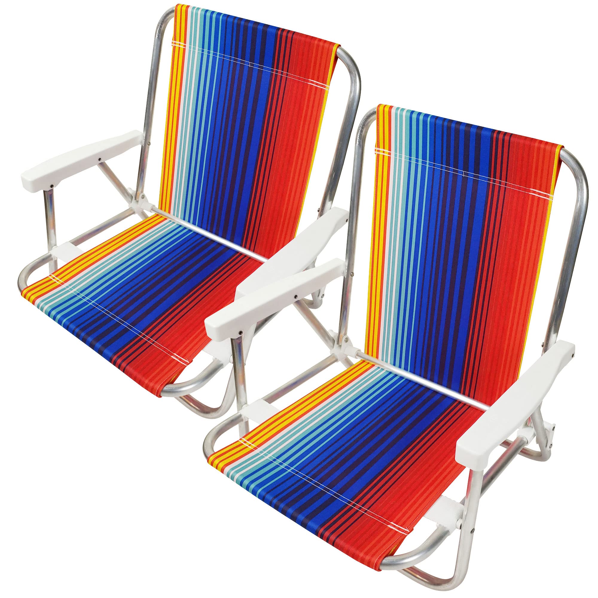 Beachland 1 Position Aluminum Folding Sand Chair with Armrests - Lightweight Beach Chair - Small and Portable (2 Pack, Blue-Red 