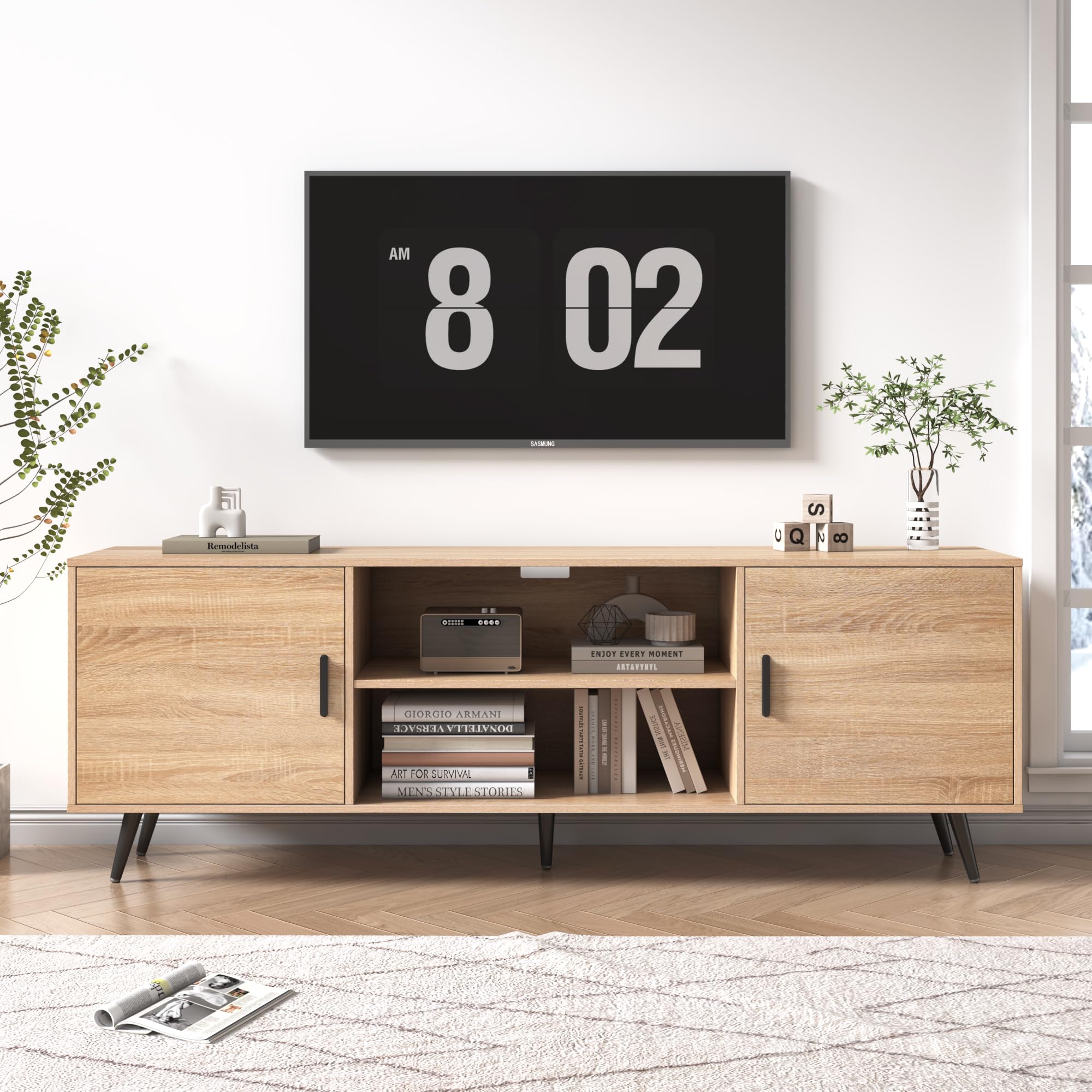 AUXSOUL 70 Inch Mid Century Modern TV Stand for 75 Inch TV, Wood TV Stand with Storage, Entertainment Center for Living Room Bed