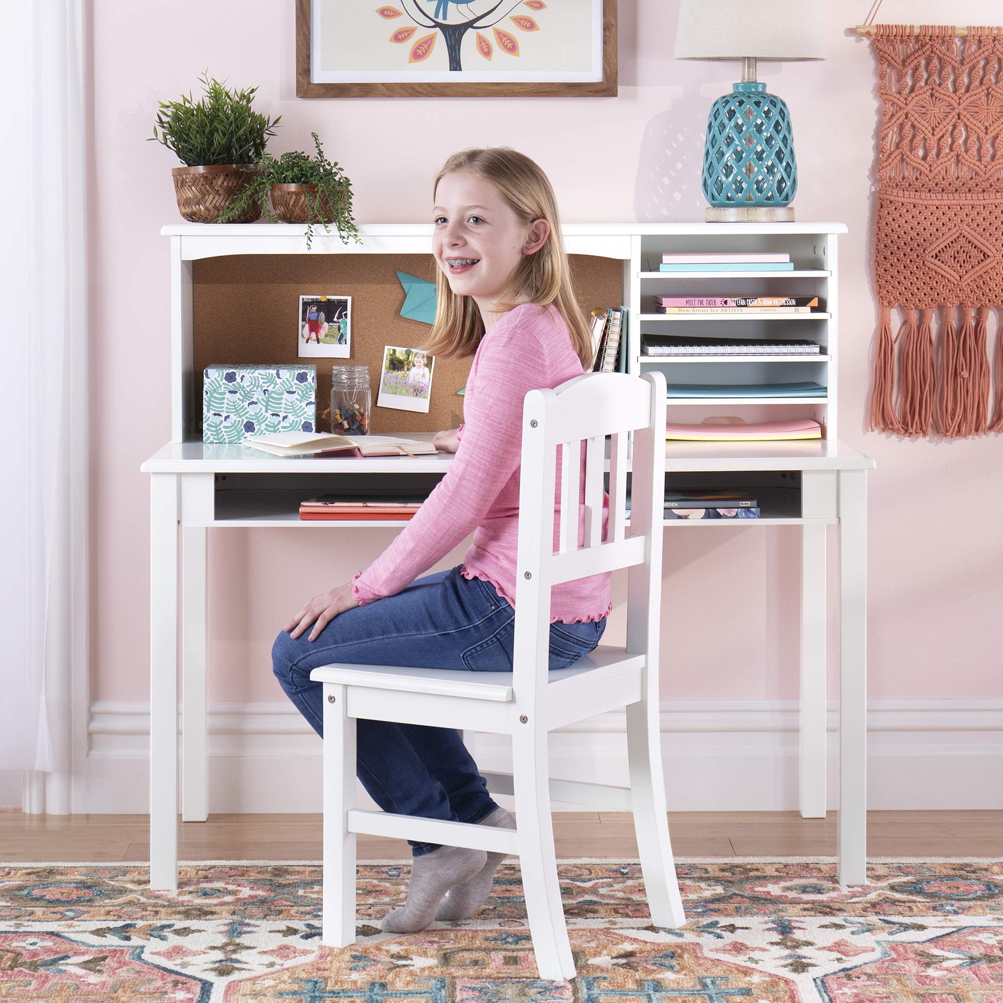 Guidecraft Kids Media Desk and Chair Set - White: Kids Writing Desk with Hutch and Storage Shelves, Computer Workstation with Co