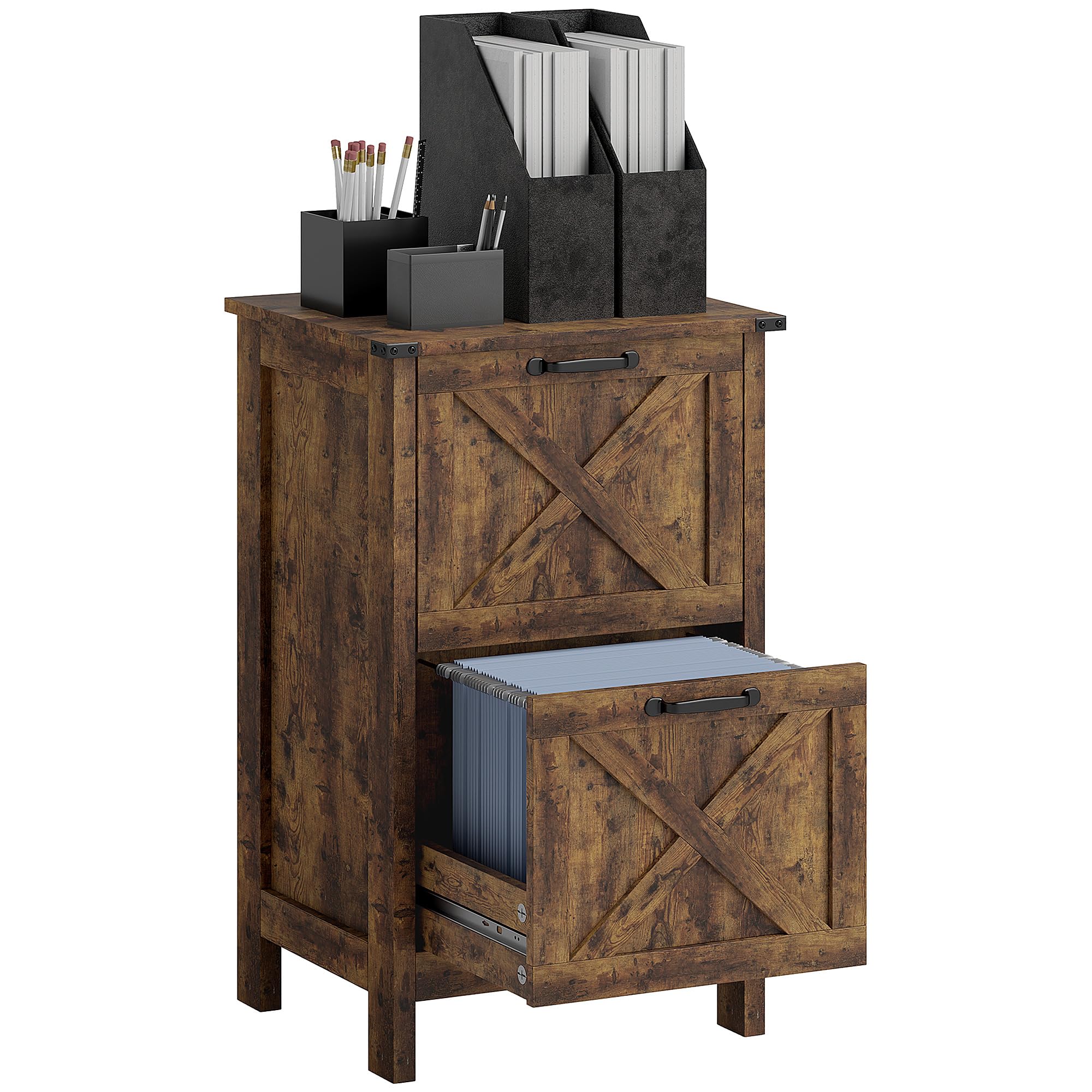HOMCOM 2 Drawer Vertical File Cabinet with Silent Slides, Rustic Farmhouse Filing Cabinet with Barn Doors for A4/Letter Size, Pr