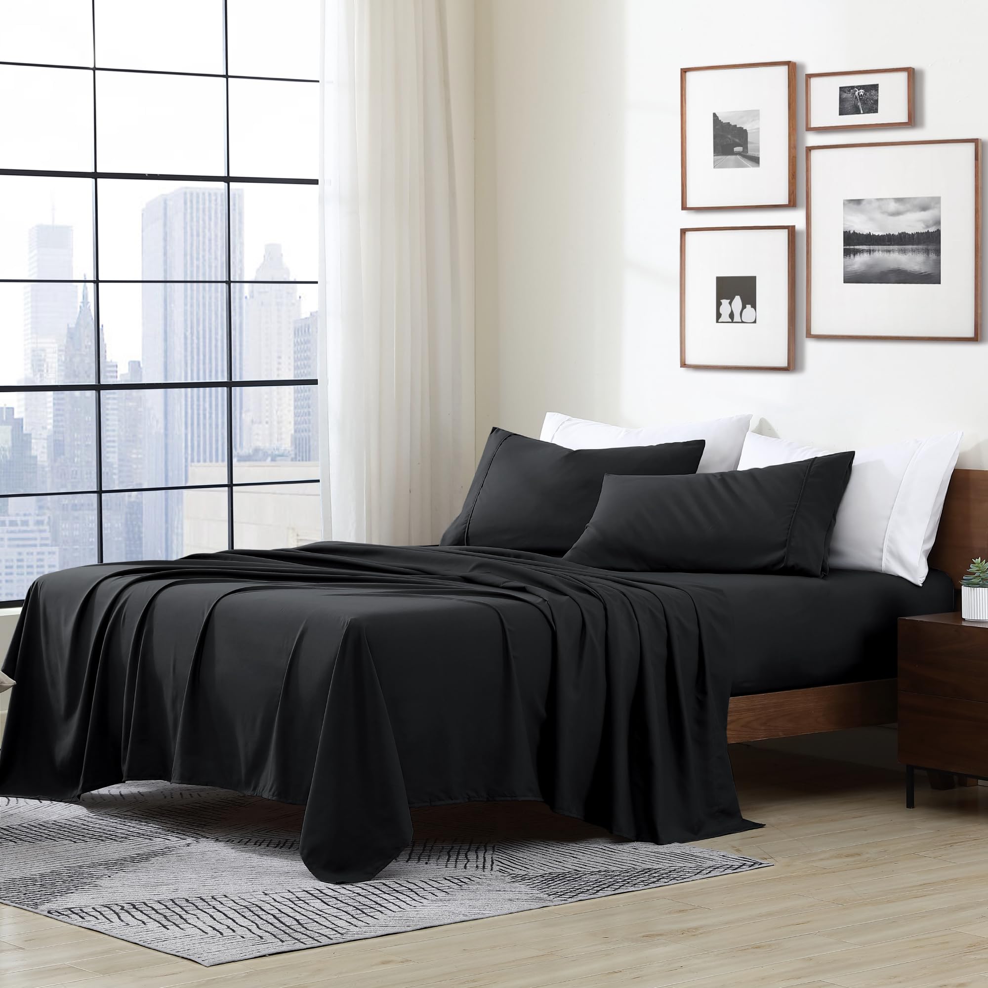 Cathay Home Essentials Ultra Soft Hypoallergenic Wrinkle Resistant Double Brushed Microfiber Bedding Sheet Set, Black, Californi