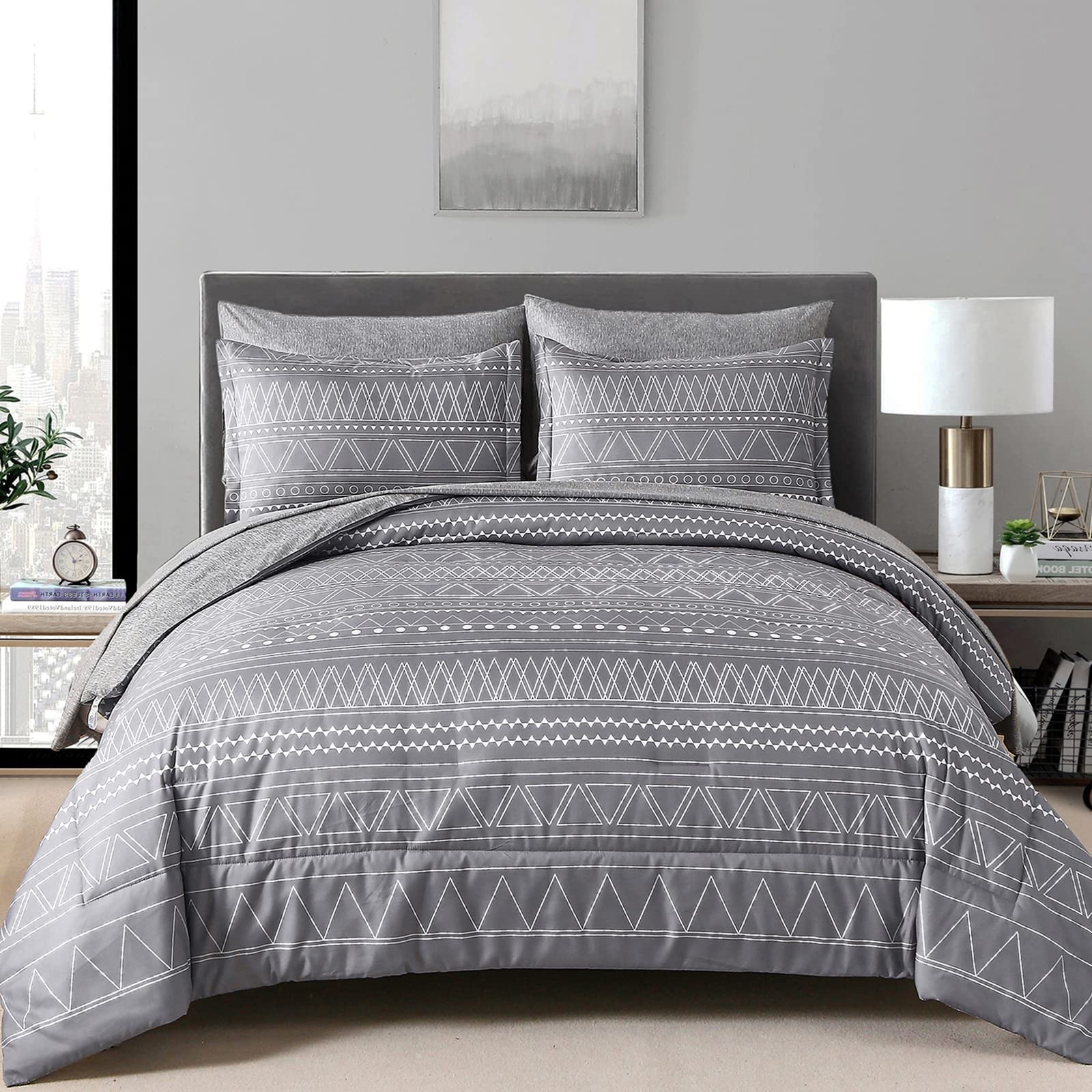 WONGS BEDDING Grey Boho Comforter Set Queen Size,Dark Grey Bed in a Bag 7 Pieces Texture Stripe Comforter Reversible Soft Microf