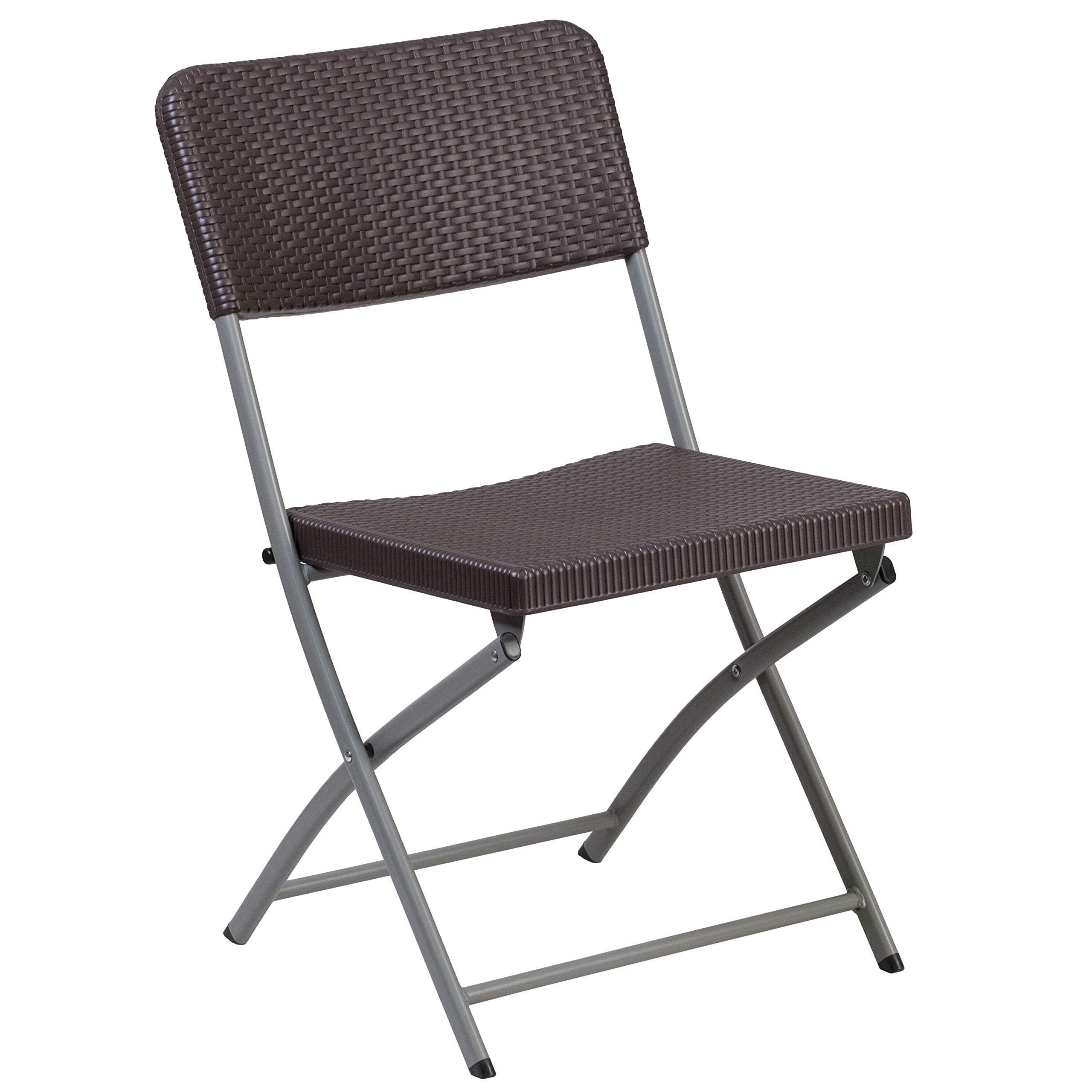 Flash Furniture HERCULES Series Brown Plastic Rattan Folding Chair with Grey Frame