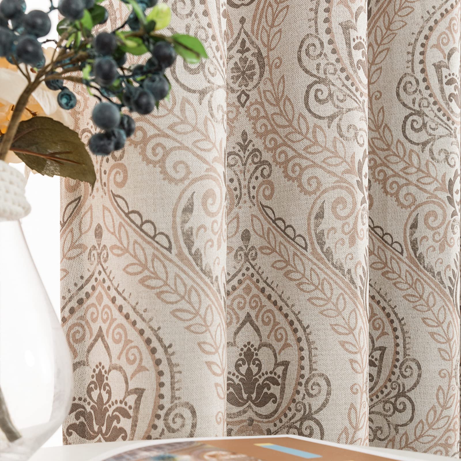 jinchan Linen Textured Curtains for Living Room Darkening 90 Inch Length, Medallion Drapes for Bedroom, Damask Pattern Window Tr
