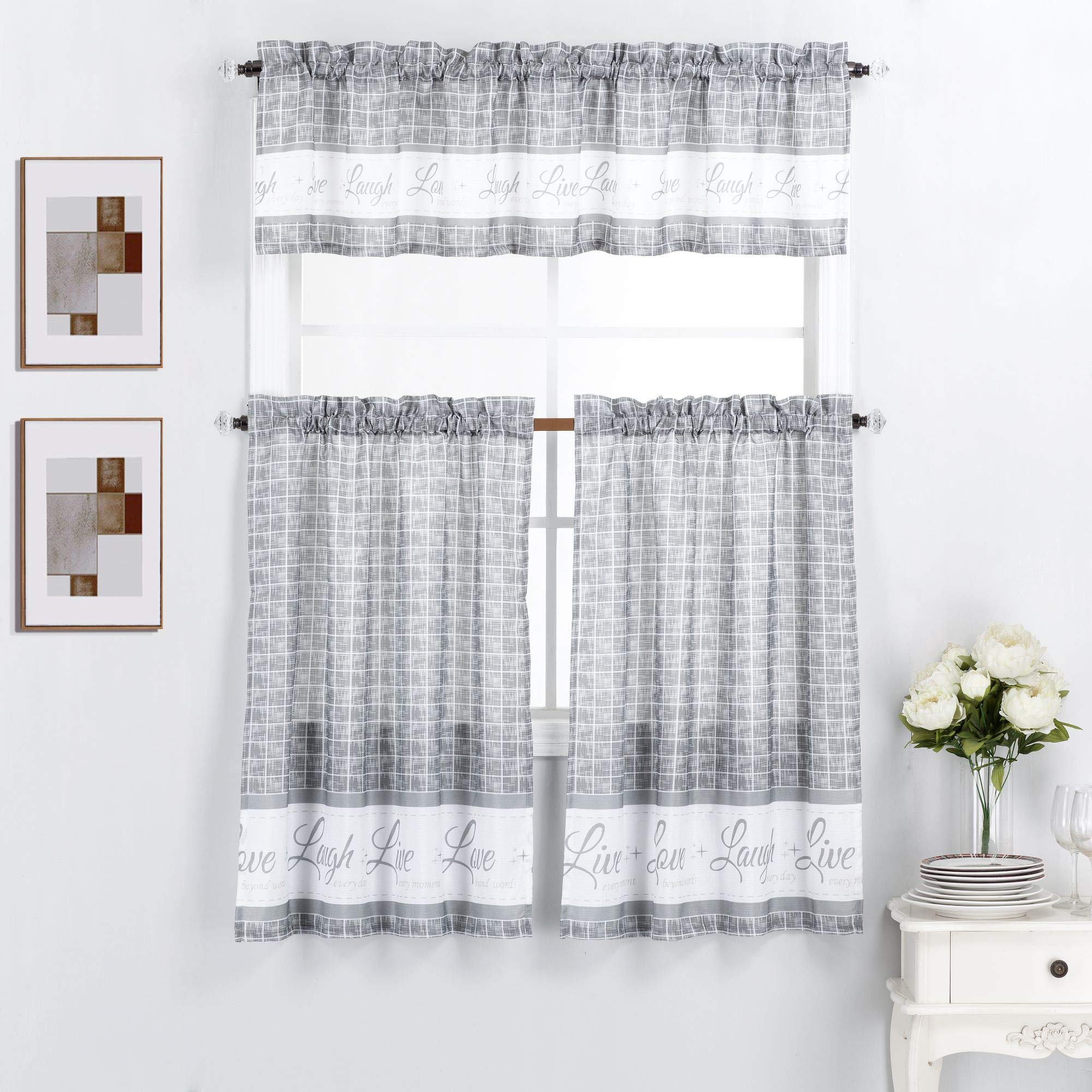 Interior Trends 3 Piece Kitchen Window Curtain Panel Tiers and Valance Set (36 Tiers Set, Live Love Laugh Gray)