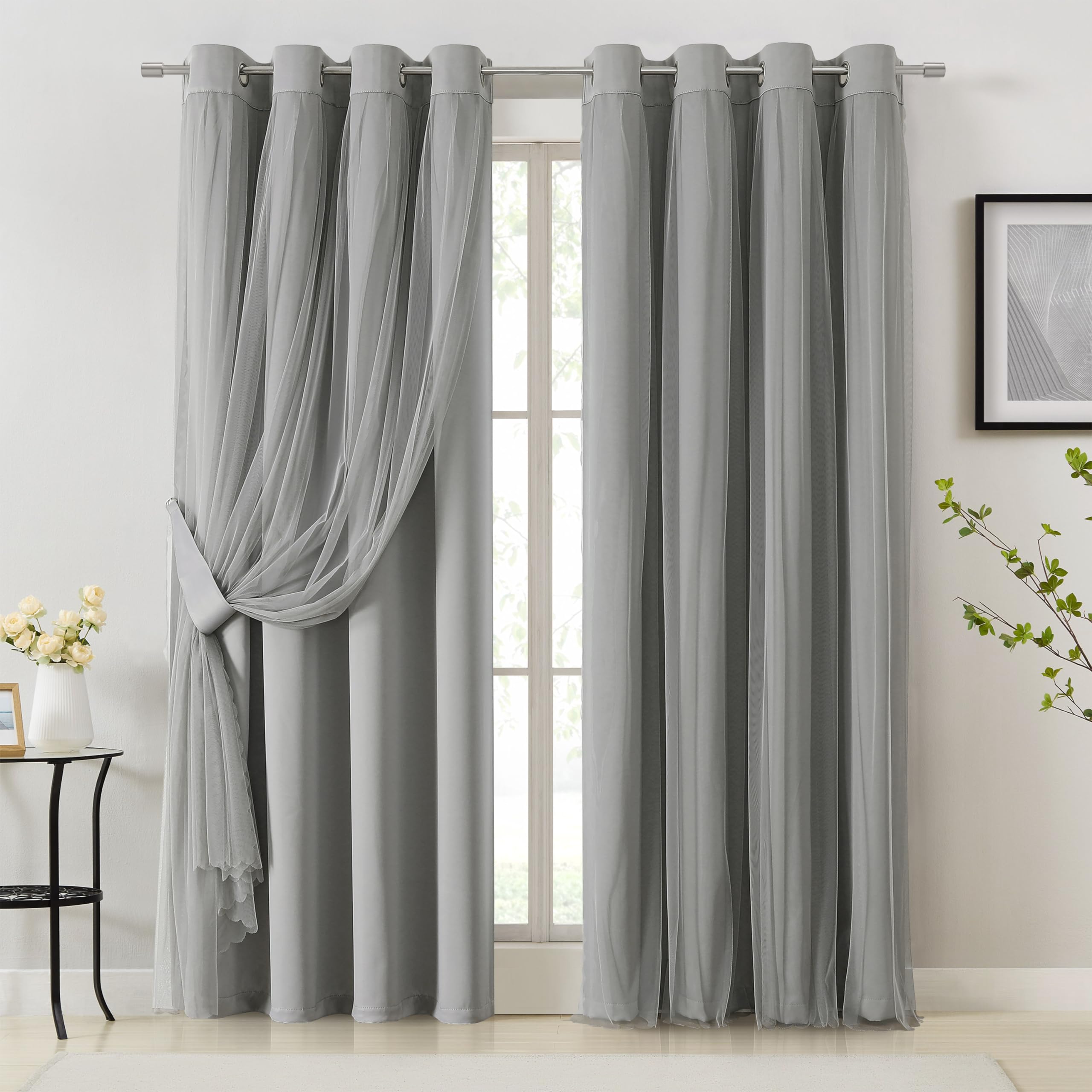 Bujasso Grey Blackout Curtains with Sheer Overlay Mix and Match Double Layer Window Curtains Thermal Insulated 95 inch for Livin