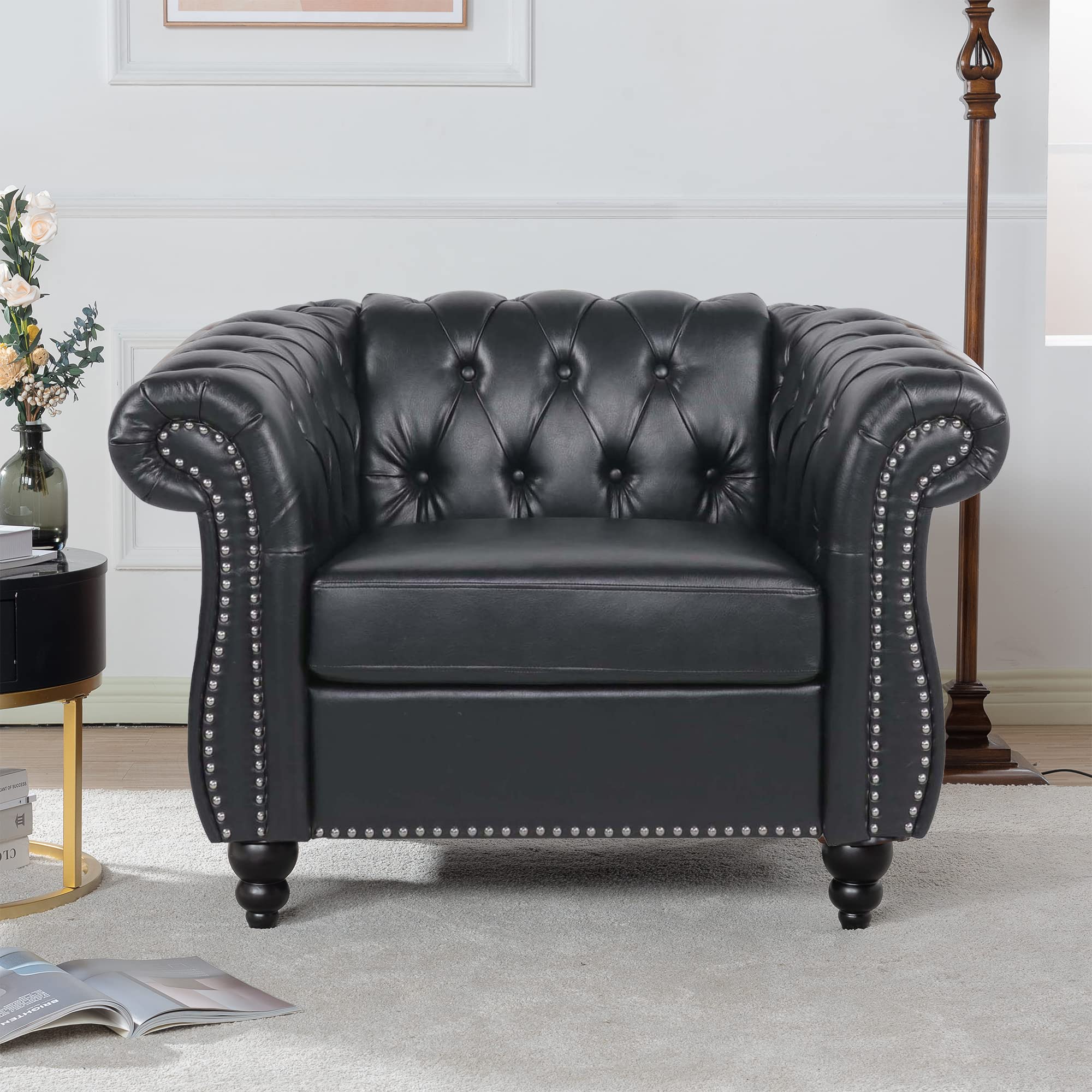LEVNARY Leather Upholstered Armchair, Mid-Century Modern Single Sofa Chair with Rolled Arms and Nailhead, Tufted Pu Leather Ches
