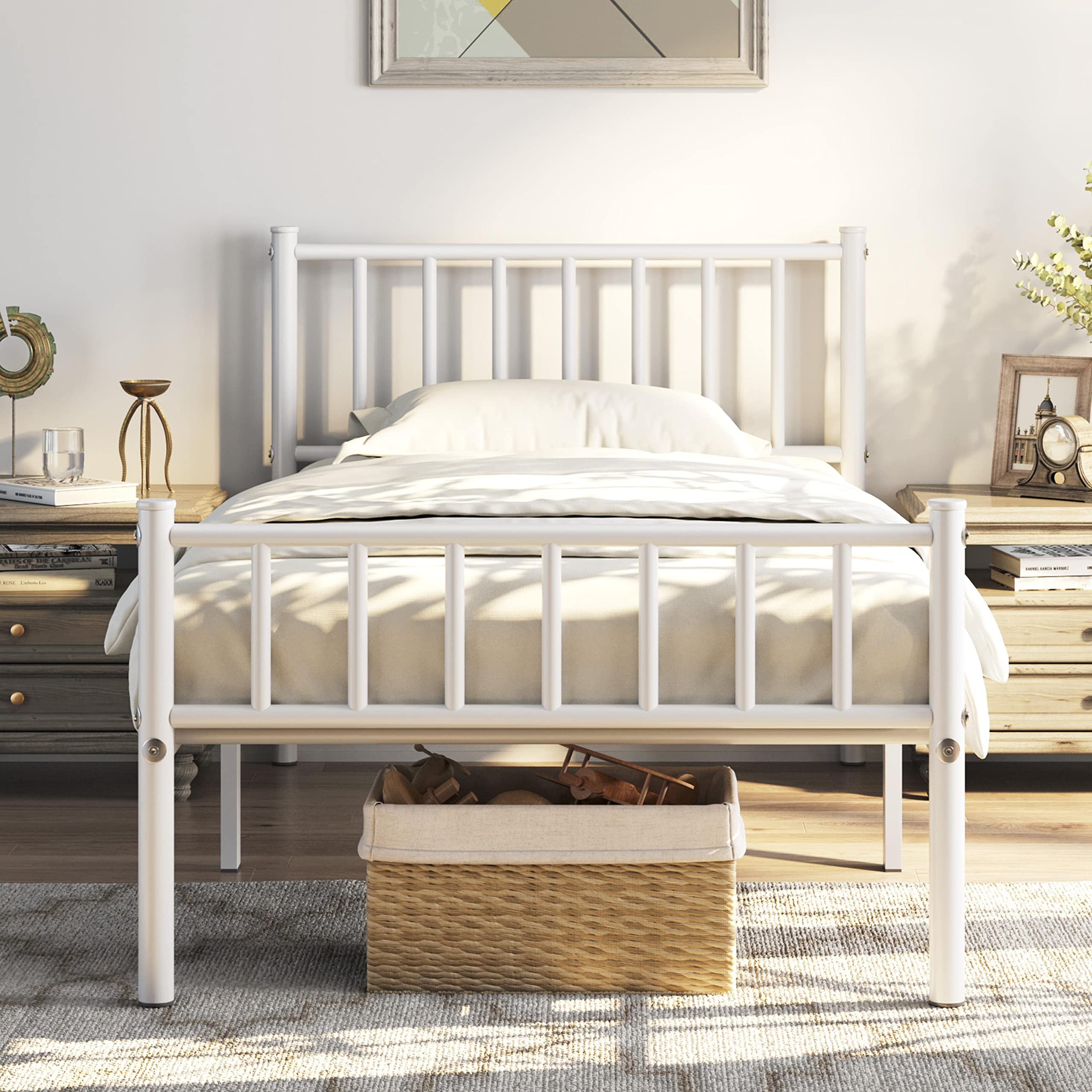 Yaheetech Twin Size Bed Frame Metal Platform Mattress Foundation with Spindle Headboard & Footboard/No Box Spring Needed/14 Inch