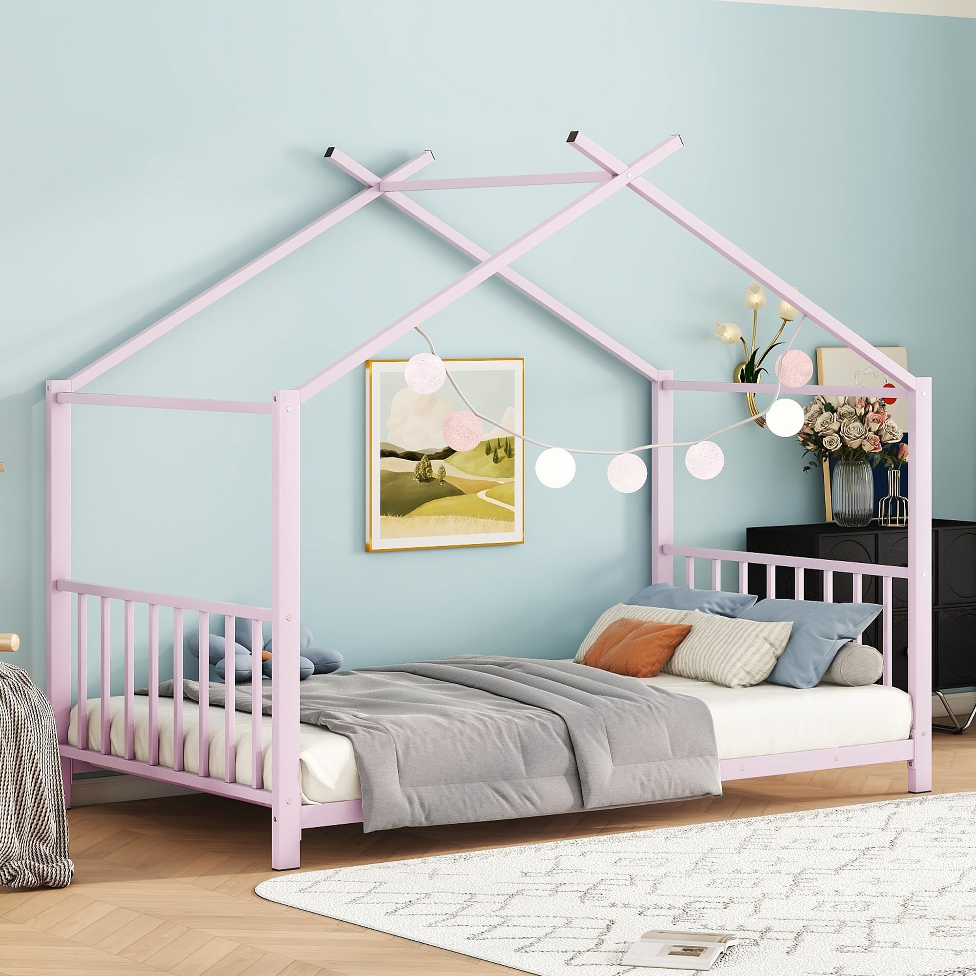Twin Size Kids Montessori Floor Bed,House Bed Frame with High Headboard,Twin Floor Bed with Roof for Boys Girls,Floor Bed Metal 
