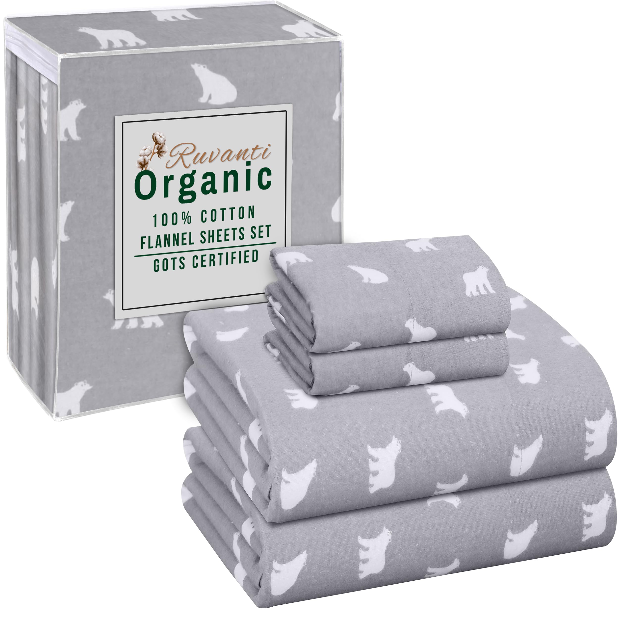 RUVANTI Organic Flannel Sheets Full Size - 100% Cotton Double Brushed Bed Sheet Set - Deep Pocket 16 Inches - All Seasons Breath