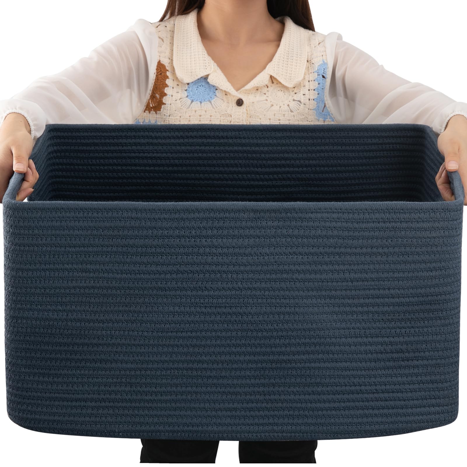 OIAHOMY 75L Large Blanket Basket, Woven Storage Basket with Handle, Cotton Rope Basket 22   x17   x12   ,Blanket Basket Living R