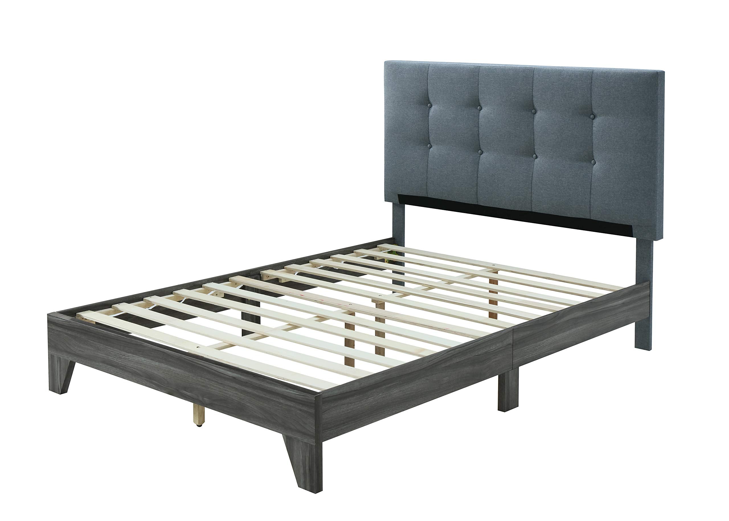 Hodedah Bed with Upholstered Headboard and Wooden Frame Platform, Twin, Grey (HI681 Twin Grey)