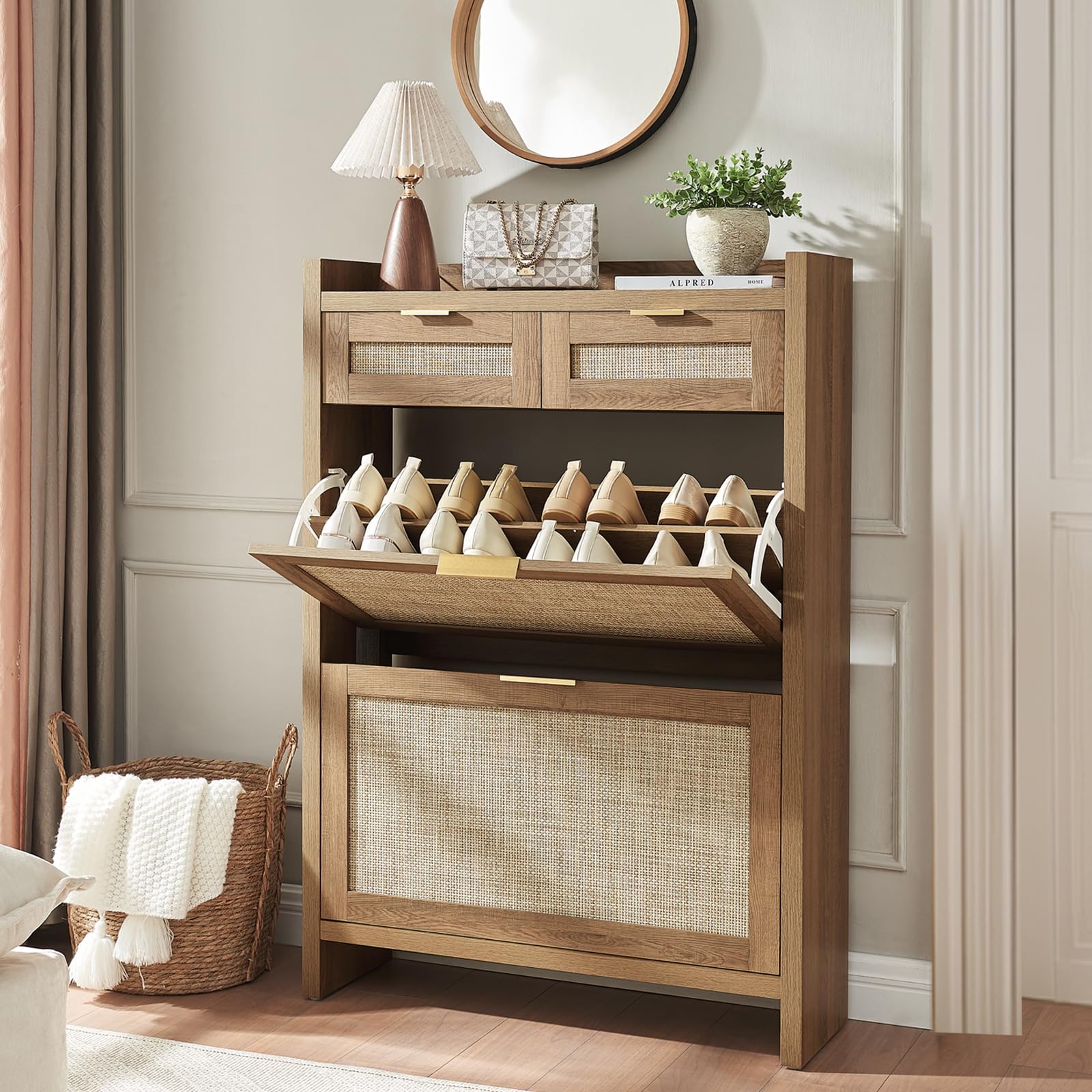 HOKYHOKY Rattan Shoe Storage Cabinet with 2 Drawers & 2 Flip Drawers - Hidden Slim Shoe Organizer for Entryway, Large Tabletop S