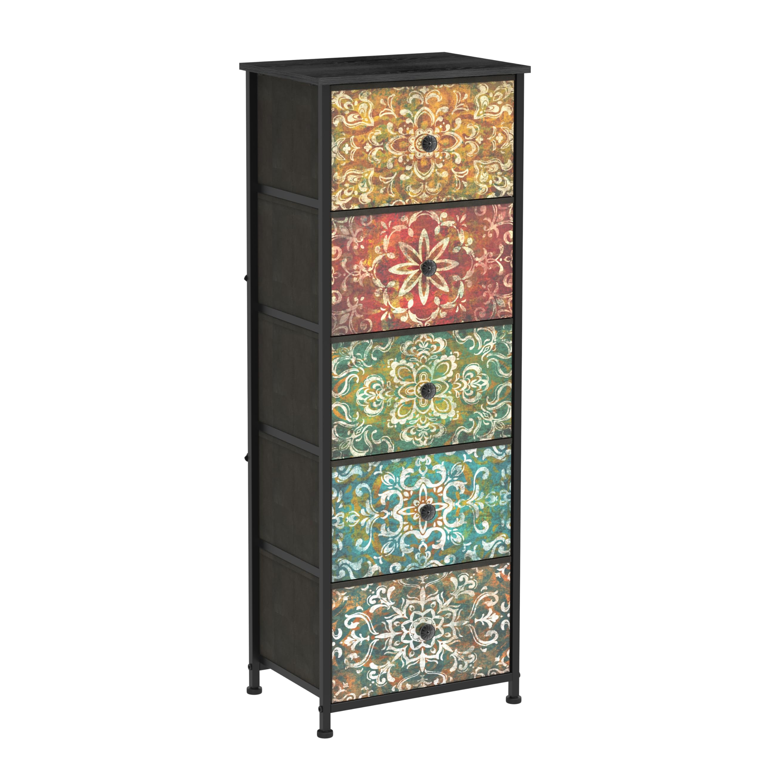 GiftGo Skinny Slim Dresser with Fabric Drawers Thin Boho Mandala Flower Chest of Drawers Narrow Storage Tower for Small Spaces G