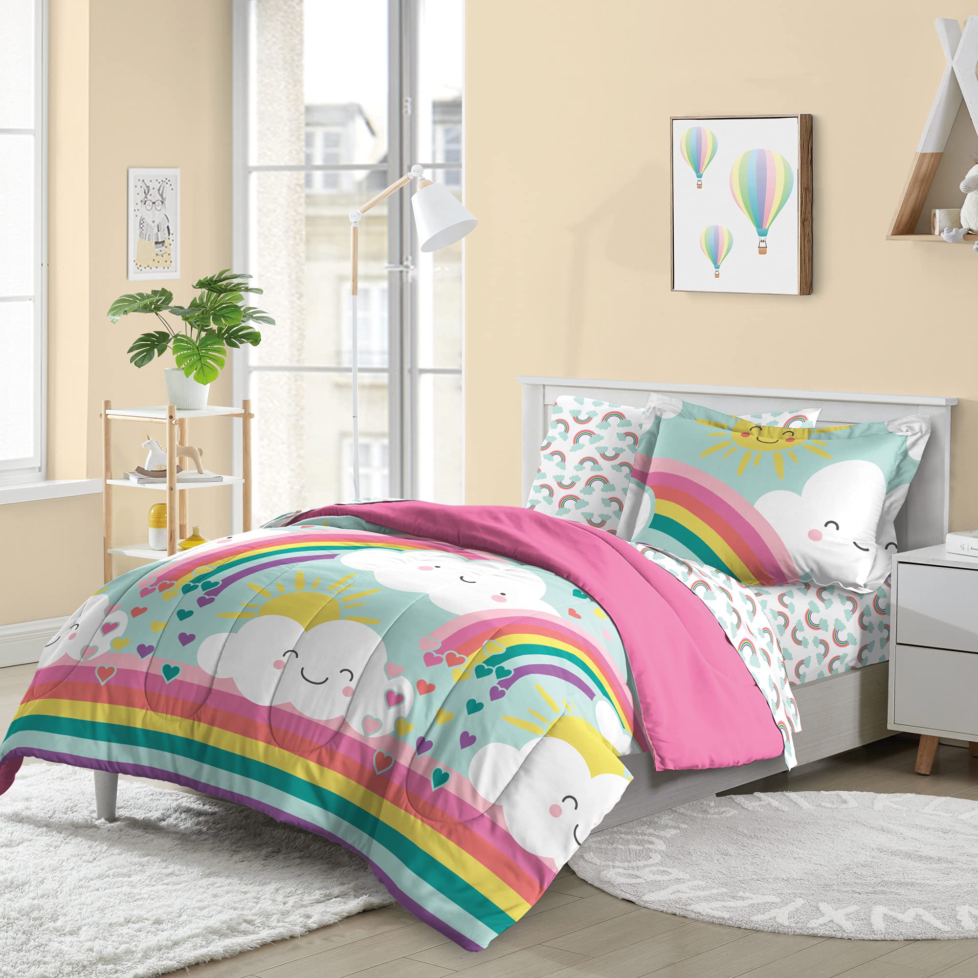 dream FACTORY Kids 7-Piece Complete Bed Set Easy-Wash Super Soft Microfiber Comforter Bedding, Full, Teal Rainbow Flare, (2D8725