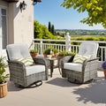 CAODOC 3-Piece Swivel Rocking Rattan Chair Outdoor, Patio Bistro Furniture Conversation Set, Wicker Chair with Coffee Table Grey