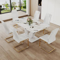 JUFU Modern Dining Table and 6 Chairs, White Faux Marble, 63   Large Dinner Table Set With 6 PU Leather Upholstered Chairs
