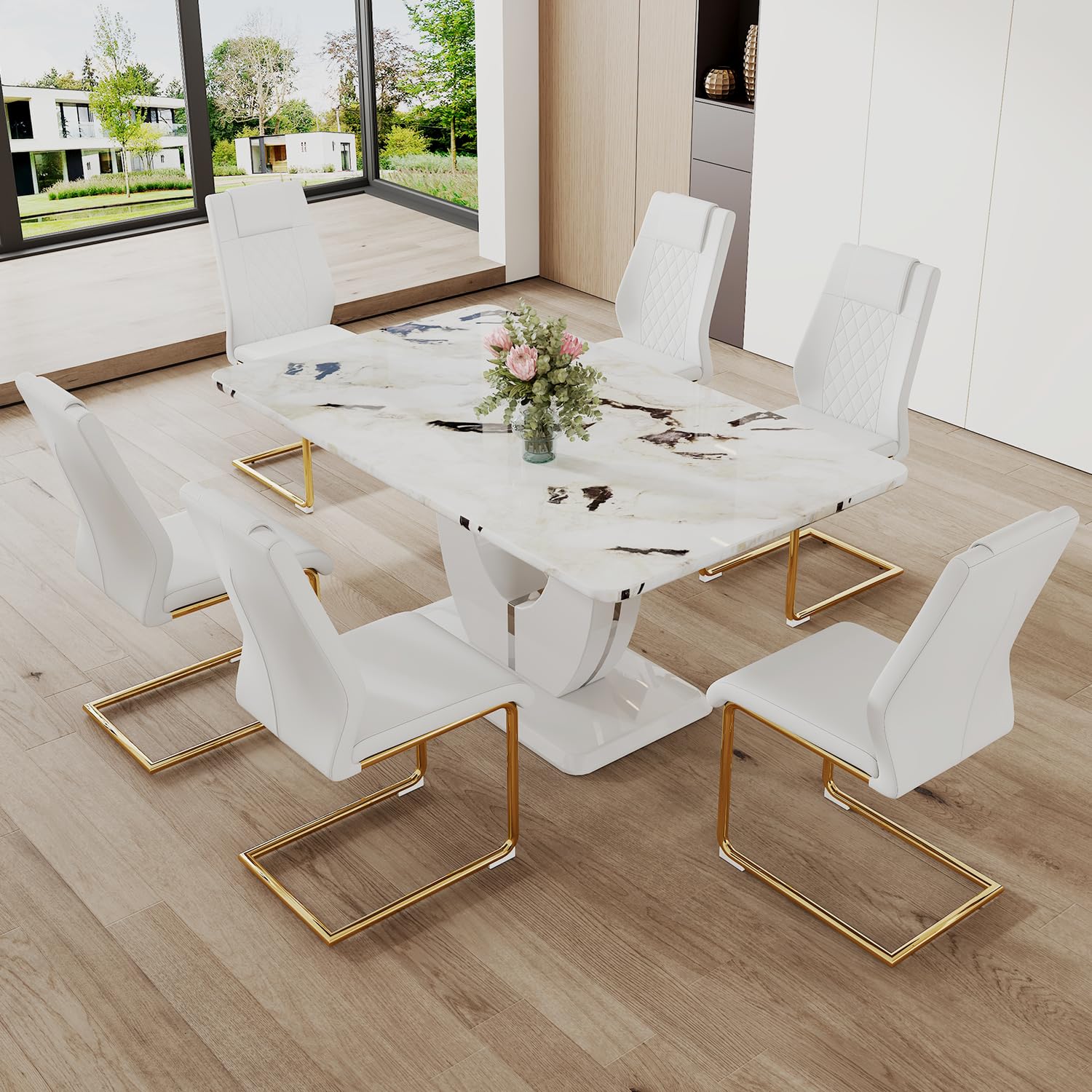 JUFU Modern Dining Table and 6 Chairs, White Faux Marble, 63   Large Dinner Table Set With 6 PU Leather Upholstered Chairs
