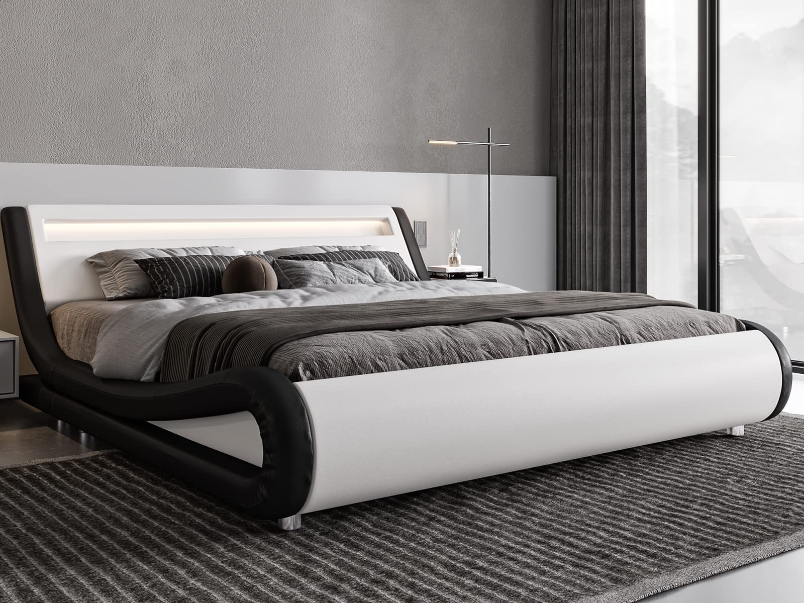 Allewie Queen Size LED Platform Bed Frame with Adjustable Headboard/No Box Spring Need/Easy Assembly/Faux Leather in White and B