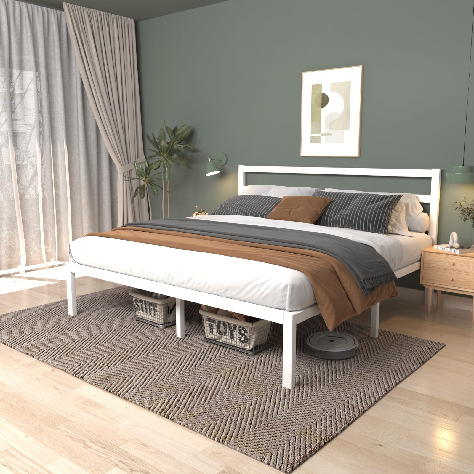 LoVinson Queen Metal Platform Bed Frame with Metal Slats, Classic Style Headboard and Footboard/Under Bed Storage/Mattress Found