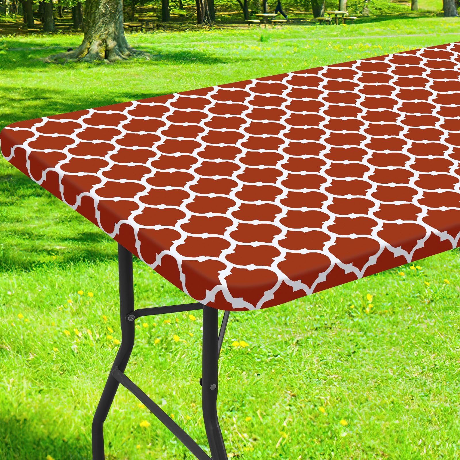 Smiry Rectangle Picnic Table Cover, Waterproof Elastic Fitted Camping Tablecloths for 8 Foot Tables, Wipeable Flannel Backed Vin