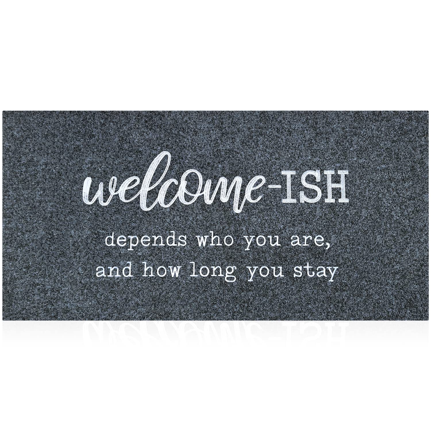 Large Welcome Mat for Front Door Large 18x47 Outside Entryway Funny Welcome-ish Gray Doormat Non Slip Rubber Backing Low Profile