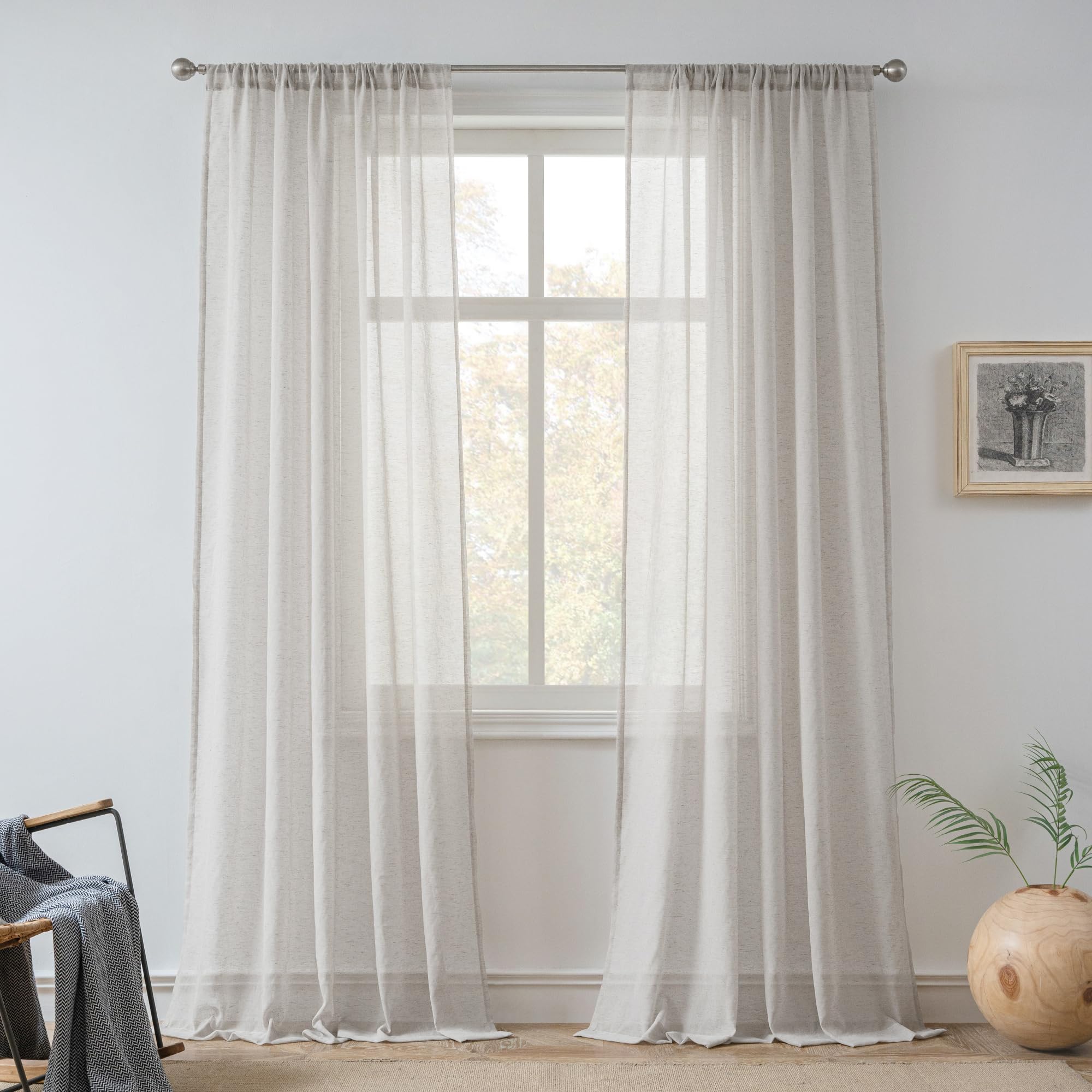 FMFUNCTEX Linen Sheer Curtains for Bedroom, Grey Curtains 84 inches Long for Living Room, Gray Farmhouse French Flax Blend Windo