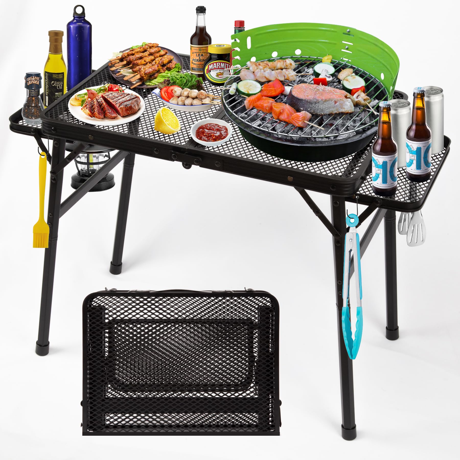 Grovind 2.5 FT Picnic Table with 2 Wing Panels, Mesh Metal Folding Grill Table Height Adjustable & Lightweight & Portable Table 
