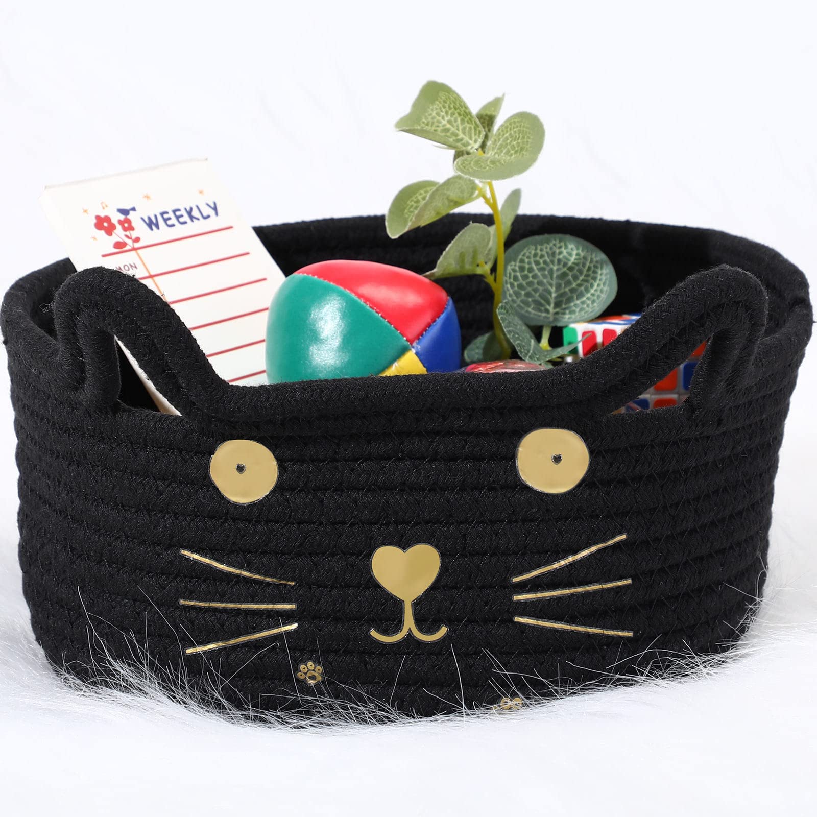 Zopeal Cat Storage Basket Woven Organizer with Ears Decorative Pet Toy Cute Bin Cotton Rope Basket for Gift Cat Dog Toy Containe
