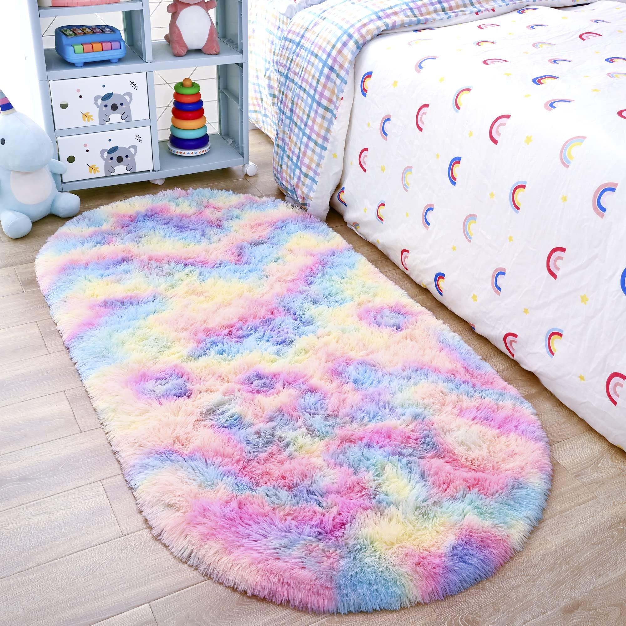Noahas Oval Fluffy Rainbow Rug 2.6X5.3 Small Kids Rugs for Bedroom Girls And Boys Aesthetic,Bedside Bedroom Rug,Ultra Soft Runne