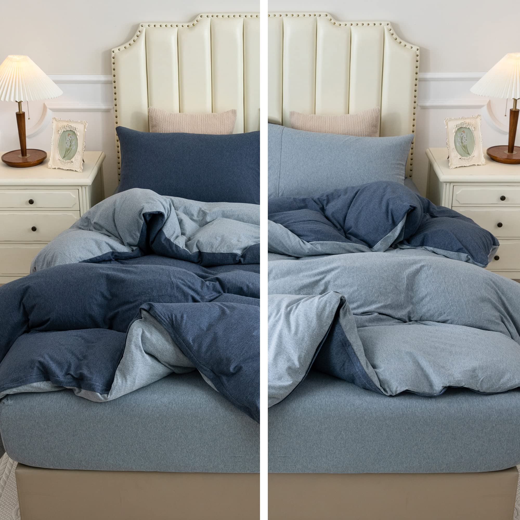 PURE ERA Jersey Knit Duvet Cover Set 100% T-Shirt Cotton Super Soft Comfy 3pc Bedding Set with Zipper Closure (Solid Navy/Blueis