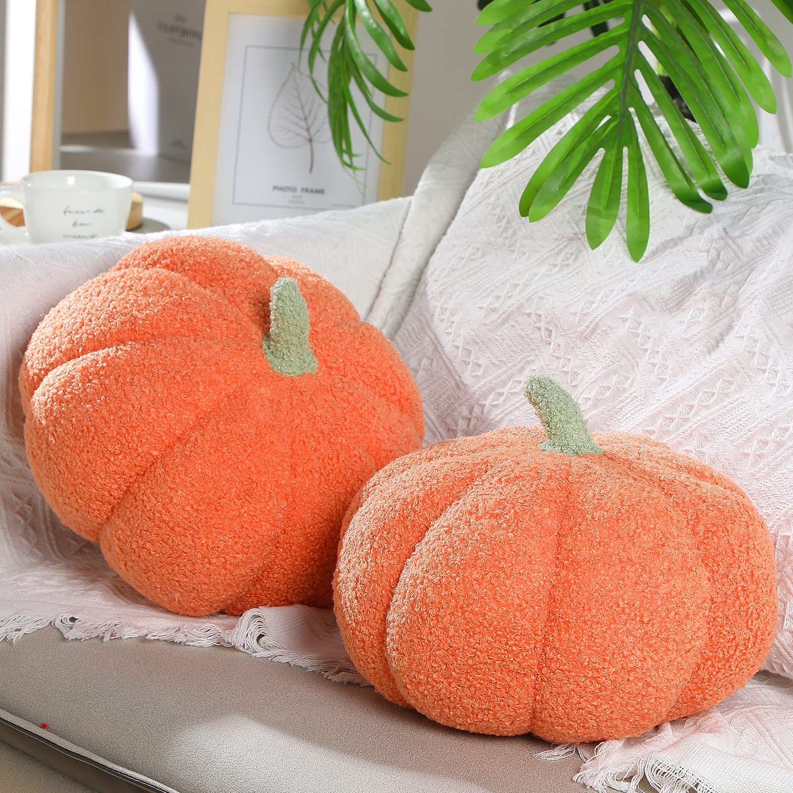 Queekay 2 Pcs Halloween Pumpkin Pillow Fall Thanksgiving Pumpkin Shaped Throw Pillow 11 x 9.5 Inch 3D Pumpkin Pillow Sofa Throw 