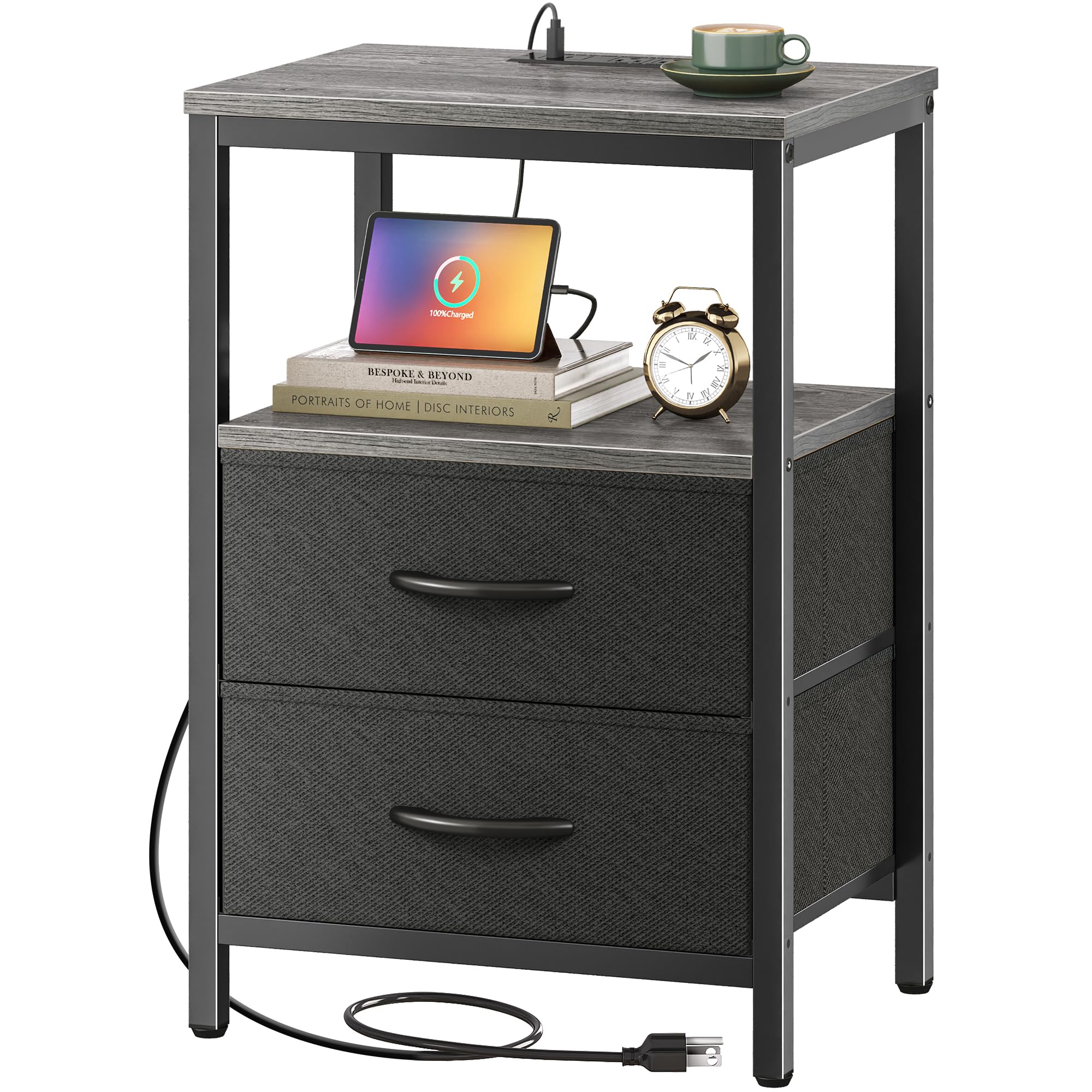 Huuger Night Stand with Charger Station, 27.7 Inch Tall Nightstand, Bed Side Table with 2 Fabric Drawers, Fabric Drawer Dresser 