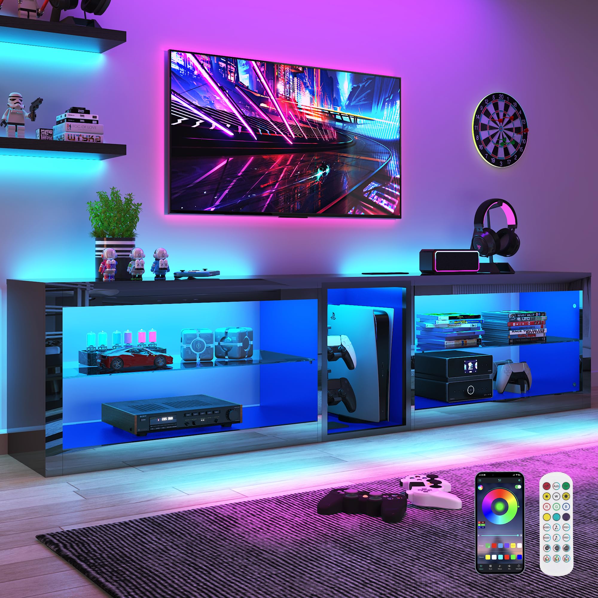 Vinctik 6&Fox 80in High Gloss LED TV Stands w/Power Outlet,60,000-Colors Lighting for 80 85 90inch TV,Modern Black LED Entertain