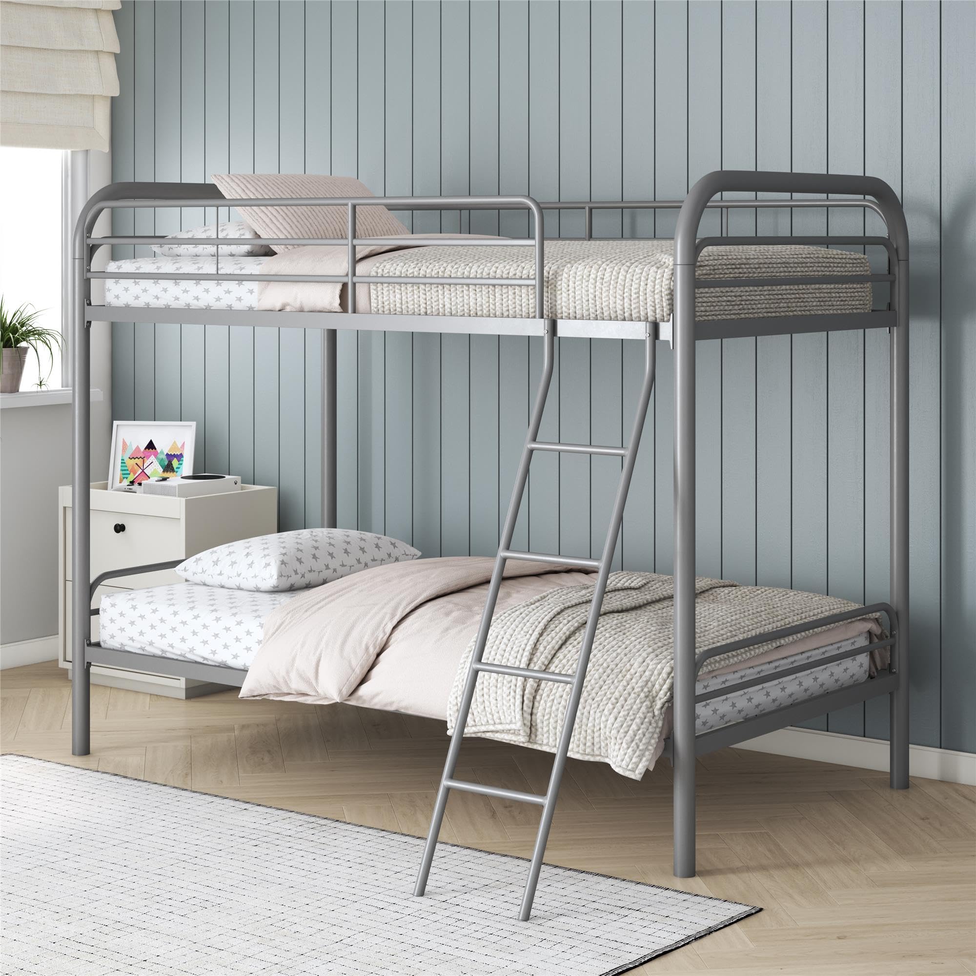 DHP Twin Bunk Bed with Metal Frame and Ladder Space-Saving Design, Silver