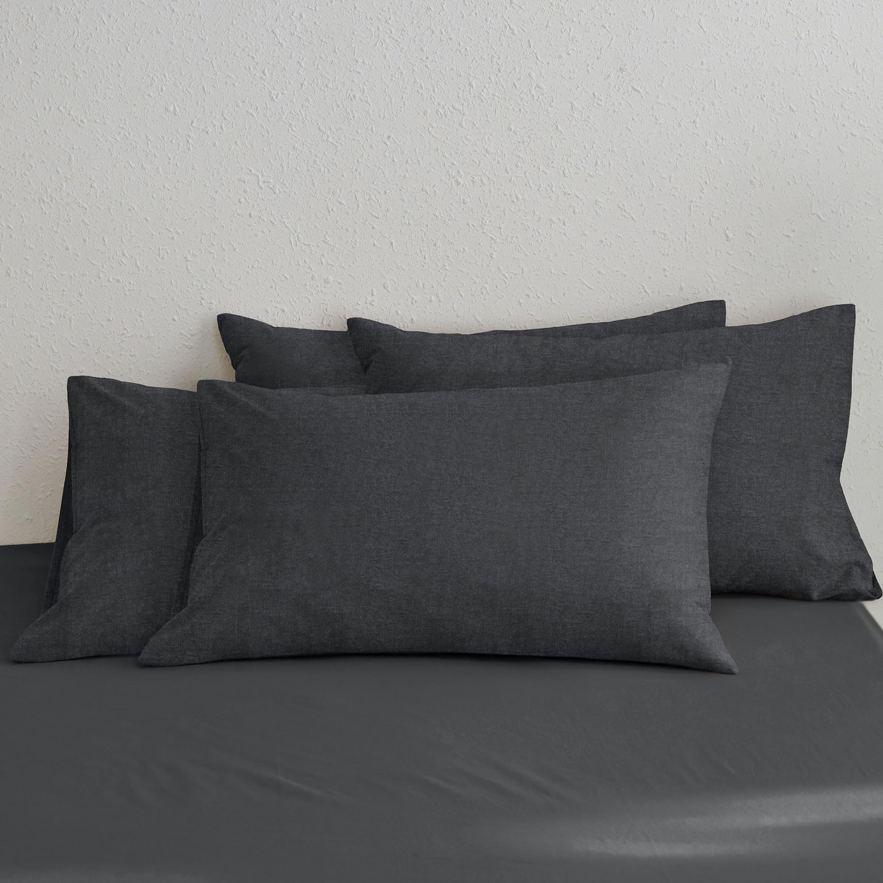 MooMee Bedding Pillowcases Pack of 4 100% Washed Cotton Linen Like Textured Breathable Durable Soft Comfy (Dark Grey, King)