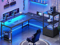 SEDETA L Shaped Gaming Desk, 51 Computer Desk with Storage Shelves, Gamer Desk with Power Outlets & LED Lights, Fabric Drawer, M