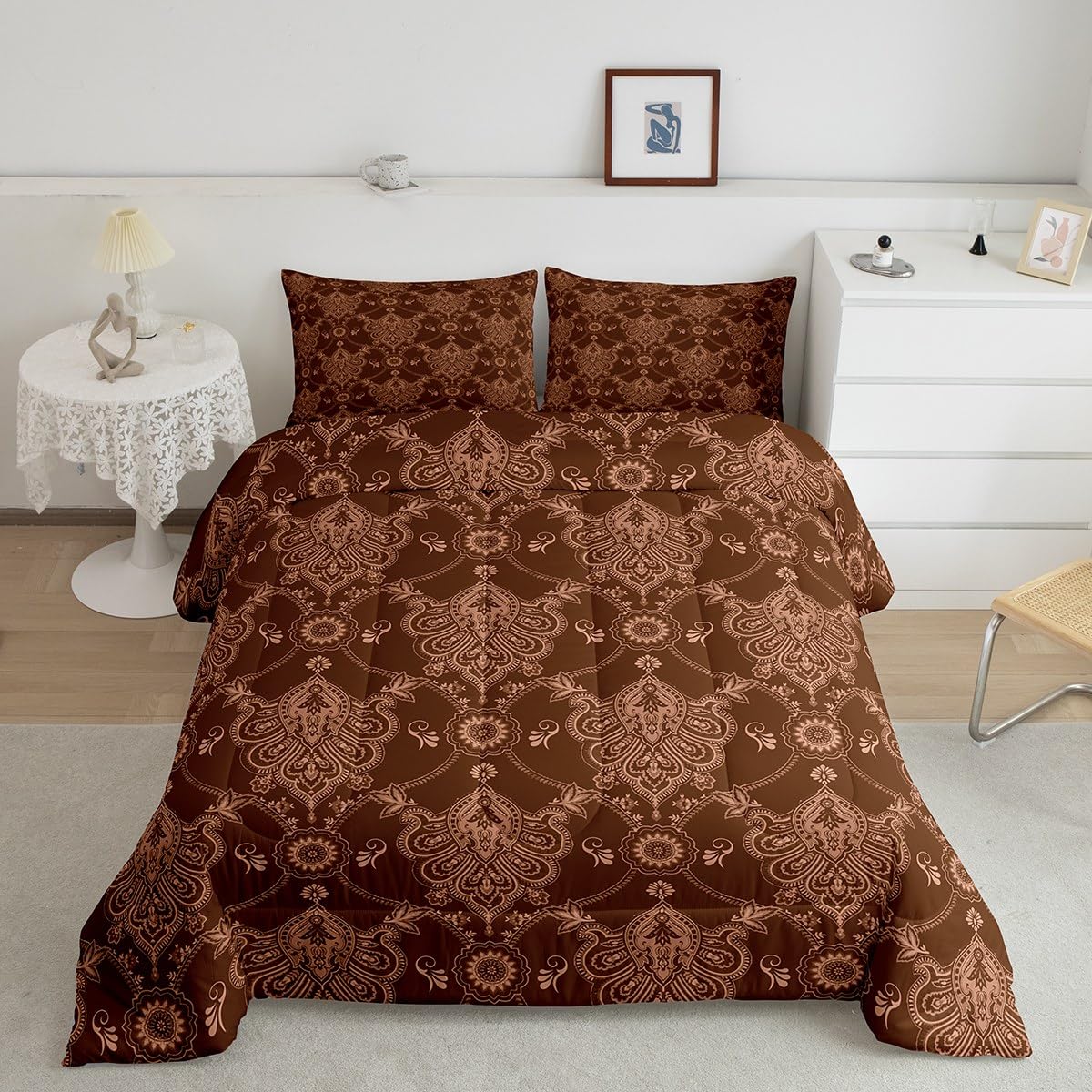 Feelyou Adults Brown Vintage Damask Floral Comforter Set Antique Drawing Classical Paisley Comforter Twin Size Gothic Bohemia Bo