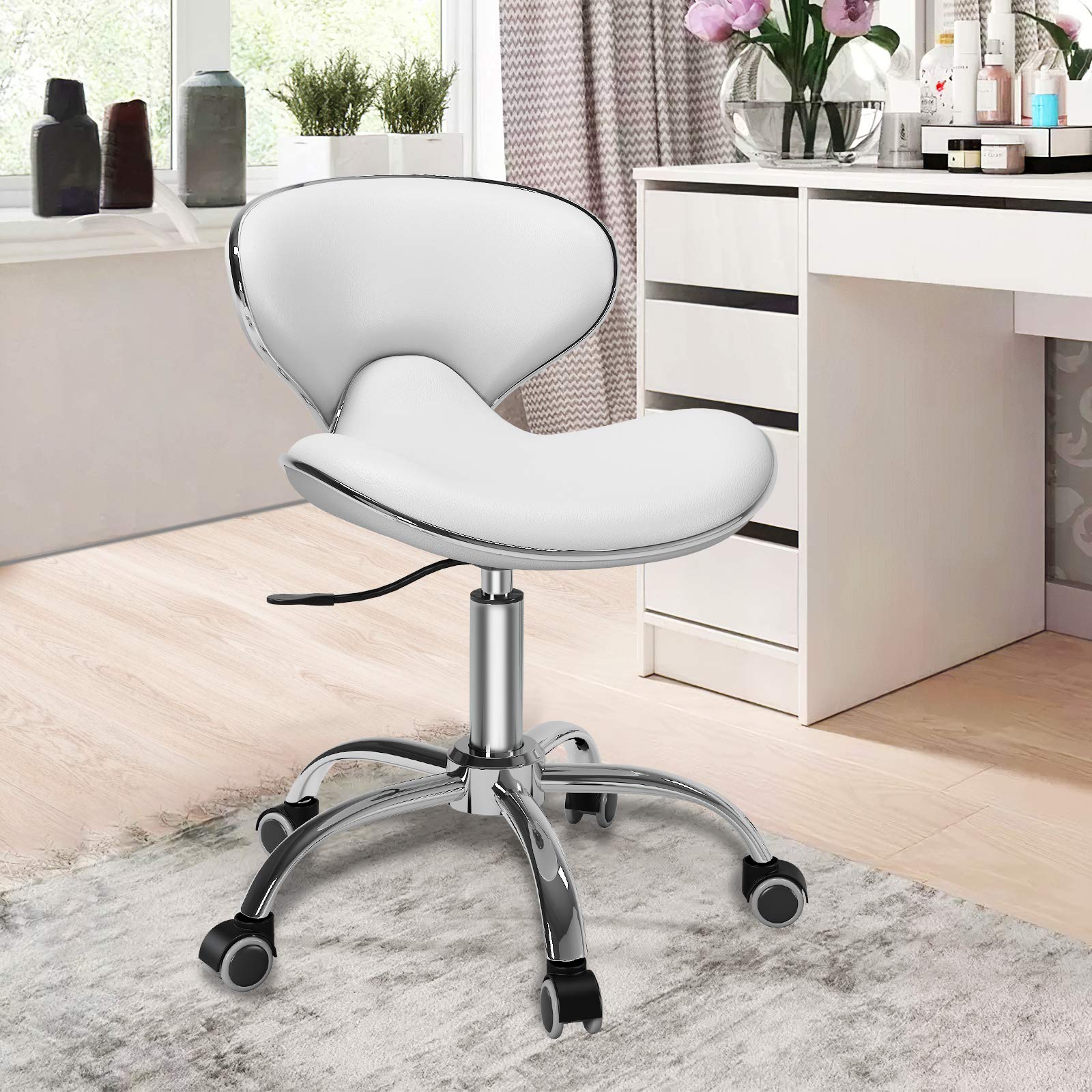 SALONFACTORY Adjustable Rolling Stool with Backrest,Drafting Spa Bar Medical Salon Tattoo Stool Chair with Wheels 360 Swivel,Hea