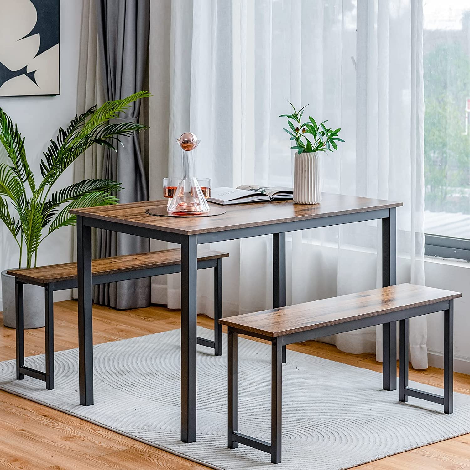 Moccha Dining Table Set for 4, 3-Piece Modern Breakfast Table Set with 2 Benches & Metal Frame, 43.5 Wood Kitchen Table Set, Spa