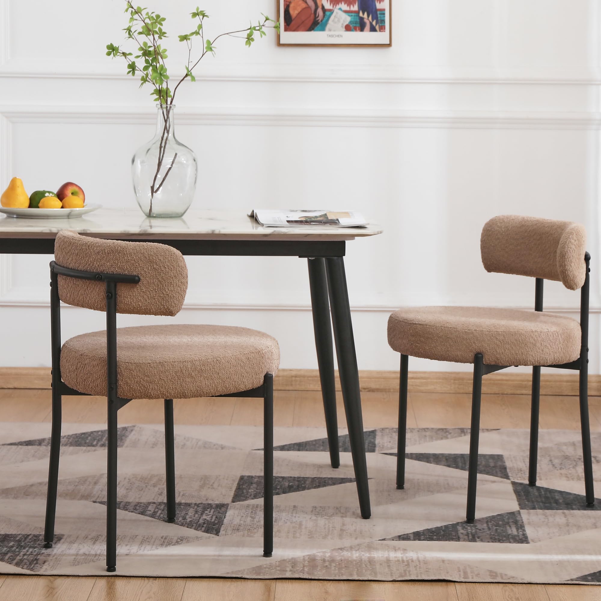 EDWELL Dining Chairs Set of 2, Round Upholstered Dining Room Chairs with Black Metal Legs, Modern Boucle Dining Chair for Dining