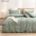 BESTOUCH Duvet Cover Set 100% Washed Cotton Linen Feel Super Soft Comfortable Chic Lightweight 3 PCs Home Bedding Set Solid Gree