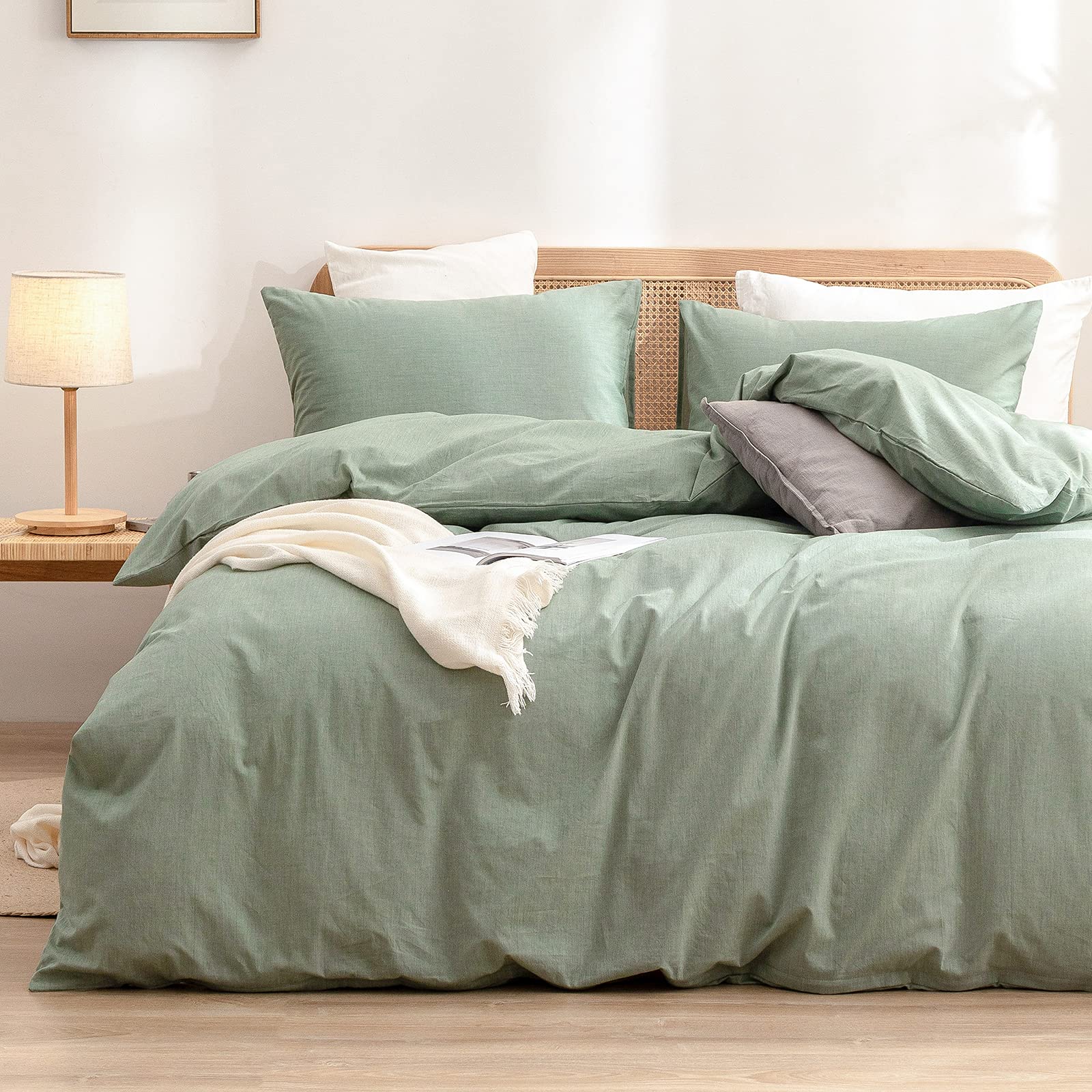 BESTOUCH Duvet Cover Set 100% Washed Cotton Linen Feel Super Soft Comfortable Chic Lightweight 3 PCs Home Bedding Set Solid Gree