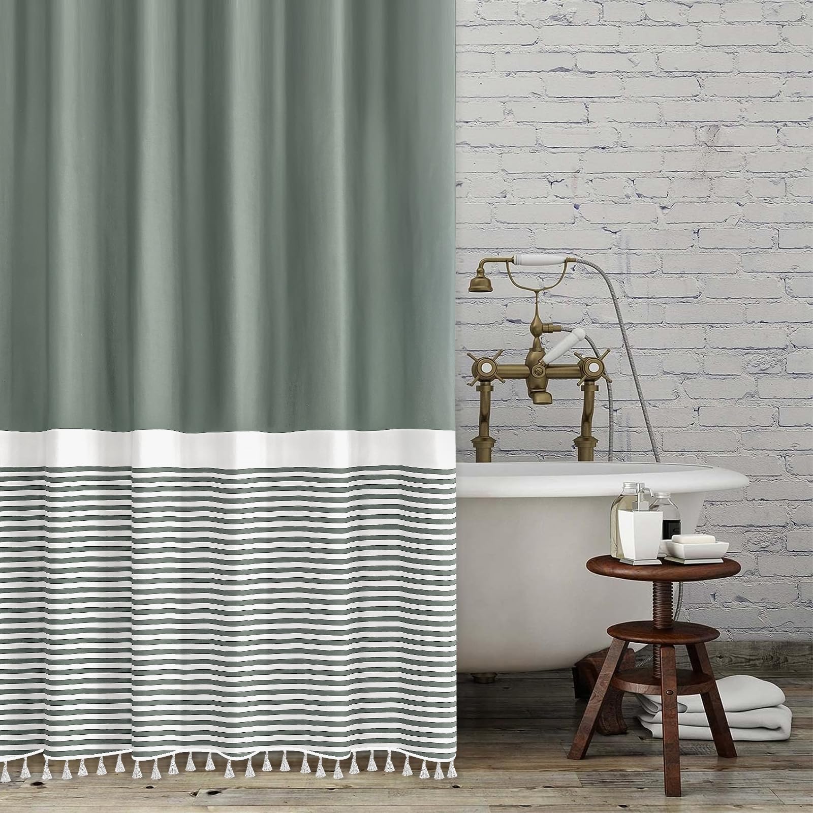 Seasonwood Shower Curtain with White Tassels Modern Farmhouse White Striped Sage Green Shower Curtains for Bathroom 72 x 72 inch