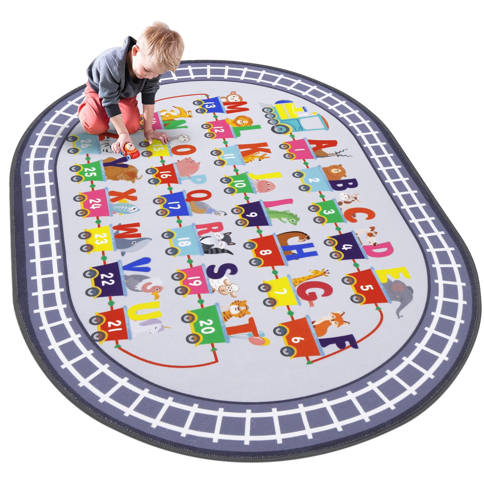 HiiARug Kids Carpet Playmat Rug ABC Alphabet, Numbers, Train and Road Themed Play Rug Educational Classroom Rug Play Mat for Kid